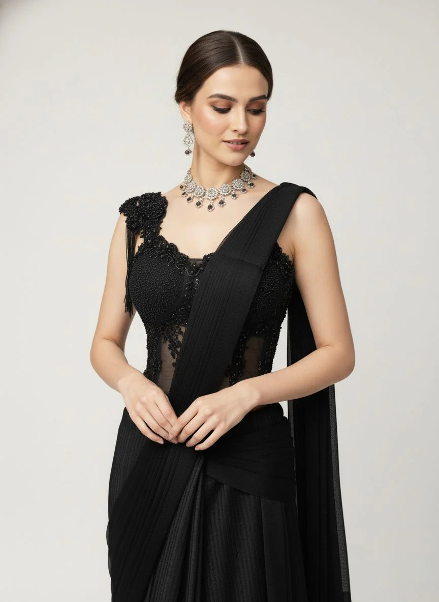 Luxury Black Ready-to-Wear Saree with 3D Floral Embroidered Blouse - Image 4