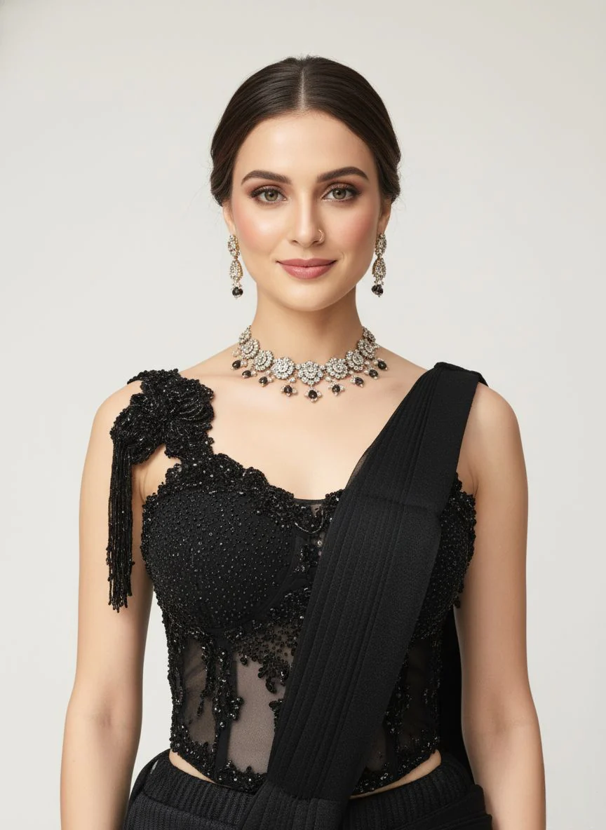 Luxury Black Ready-to-Wear Saree with 3D Floral Embroidered Blouse - Image 5