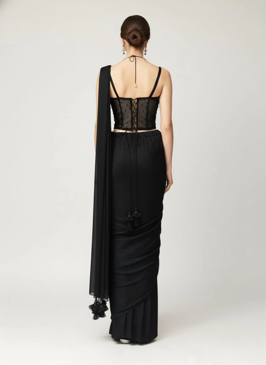 Luxury Black Ready-to-Wear Saree with 3D Floral Embroidered Blouse - Image 6