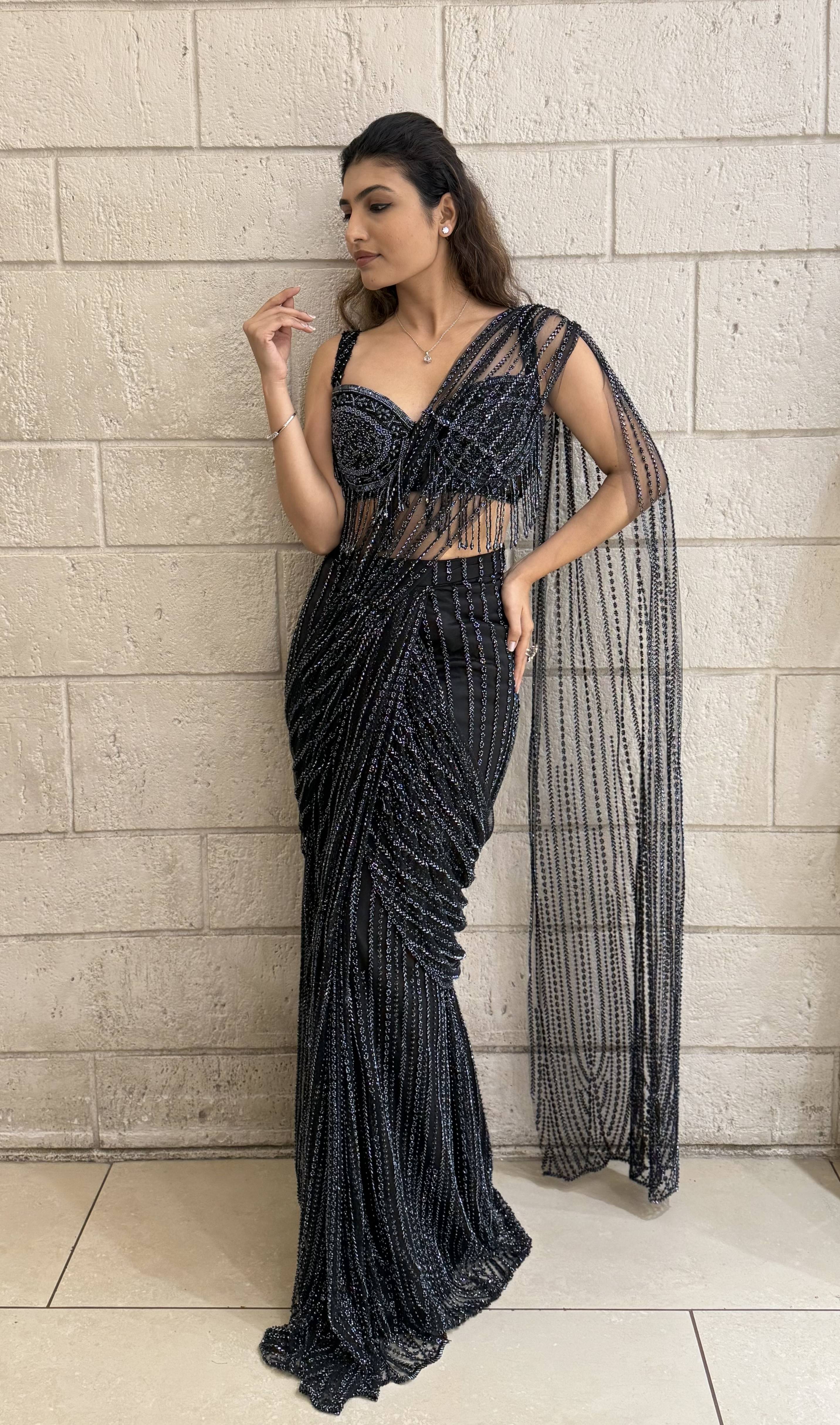 Luxury Black Ready-to-Wear Saree with Sequin Fringe Blouse – Starry Night Edition - Image 3