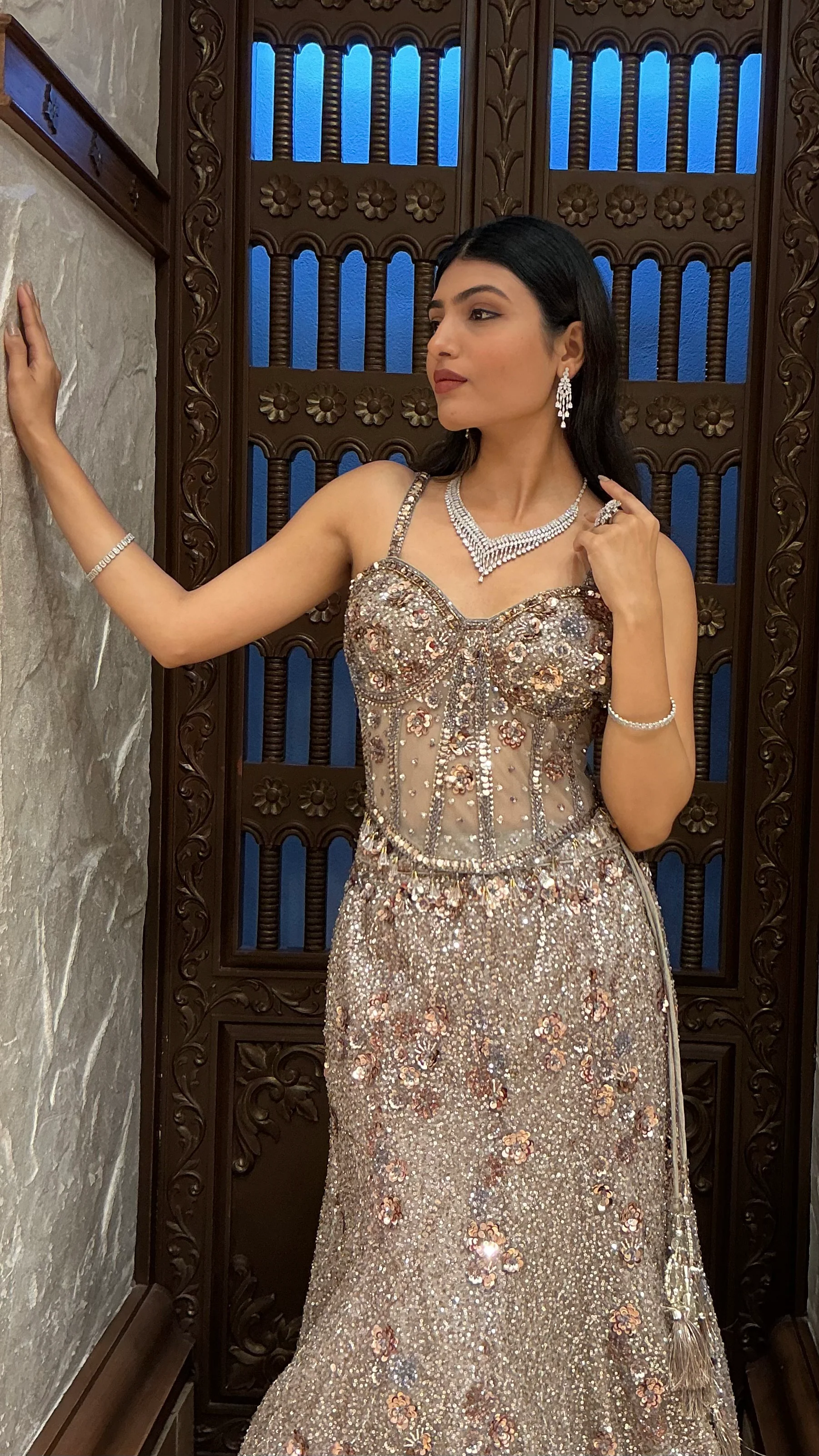 Luxury Champagne Gold Sequin Embroidered Designer Lehenga Set - Image 4