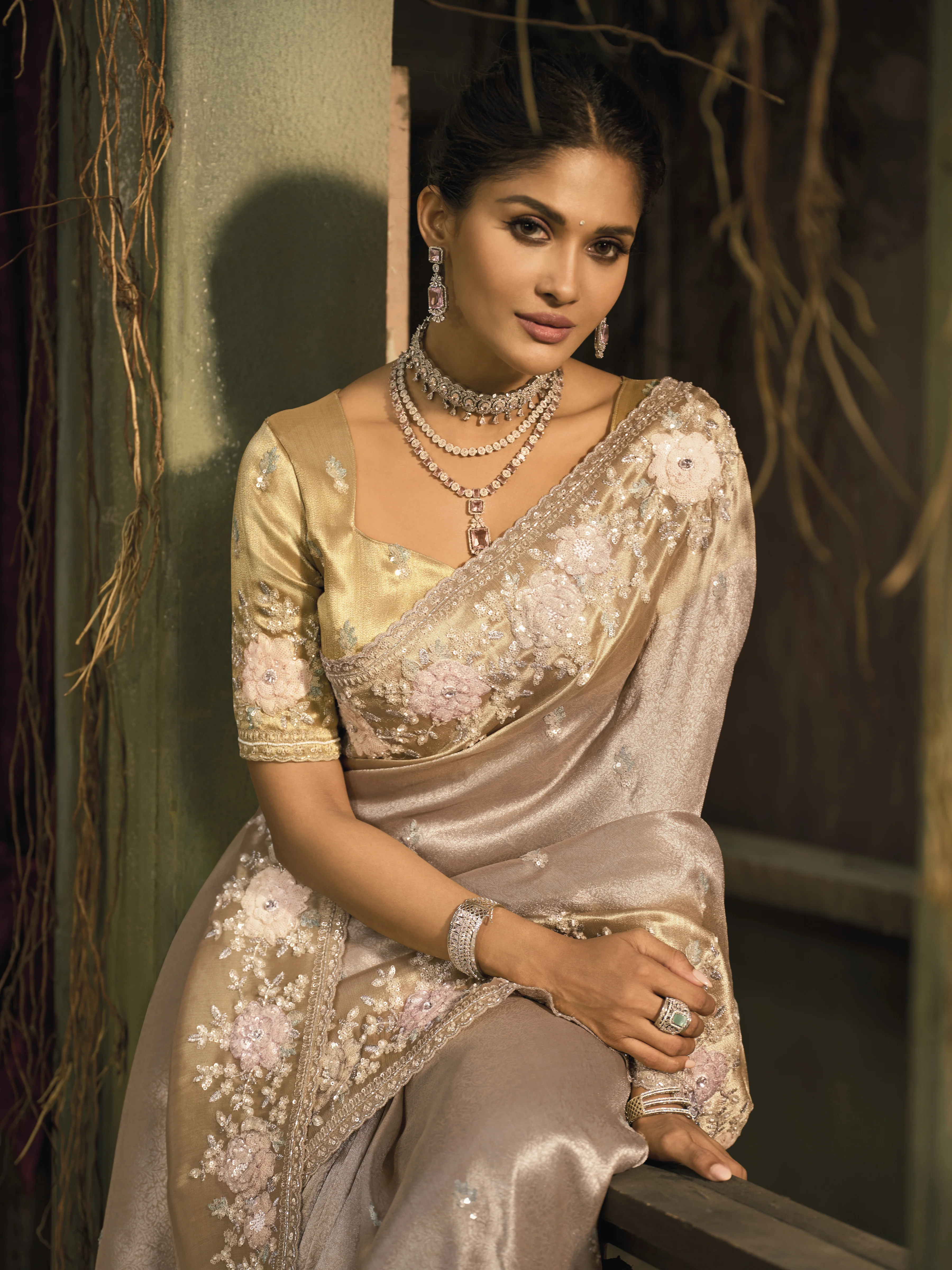 Luxury Champagne Gold Silk Saree with Floral Embroidered Border - Image 2
