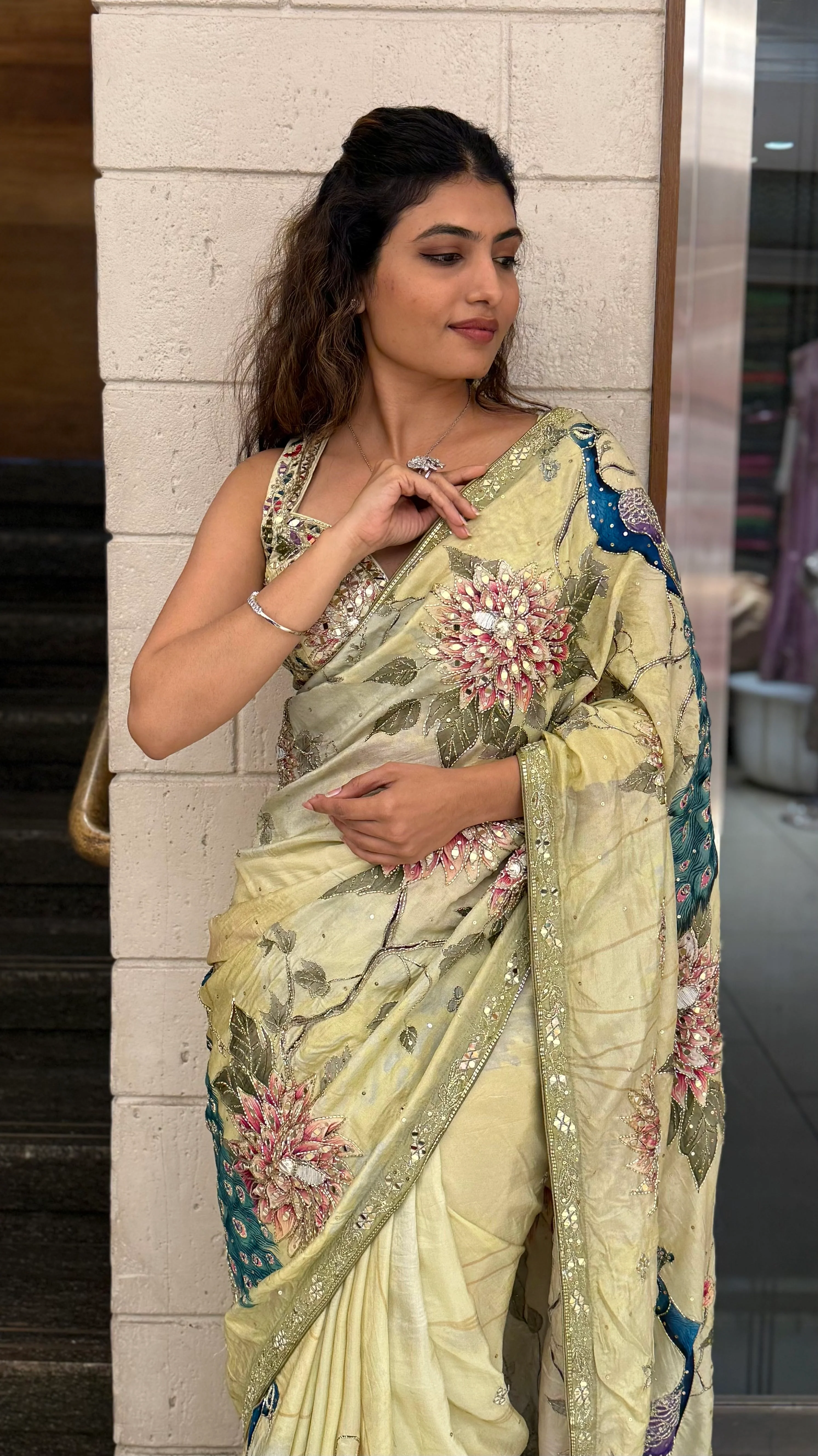 Luxury Embroidered Organza Silk Saree with Handwork Floral Detailing - Image 5