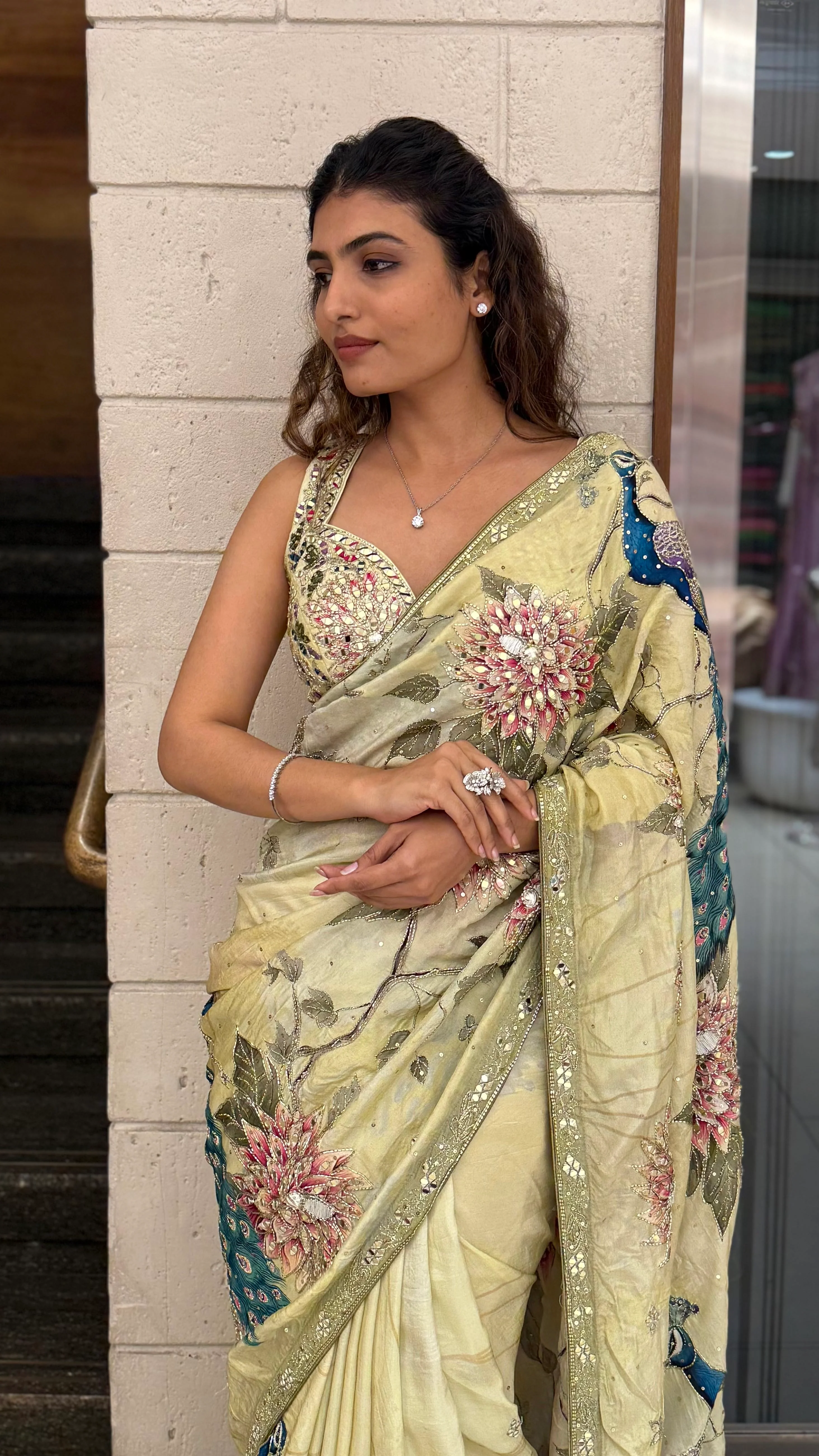 Luxury Embroidered Organza Silk Saree with Handwork Floral Detailing - Image 6