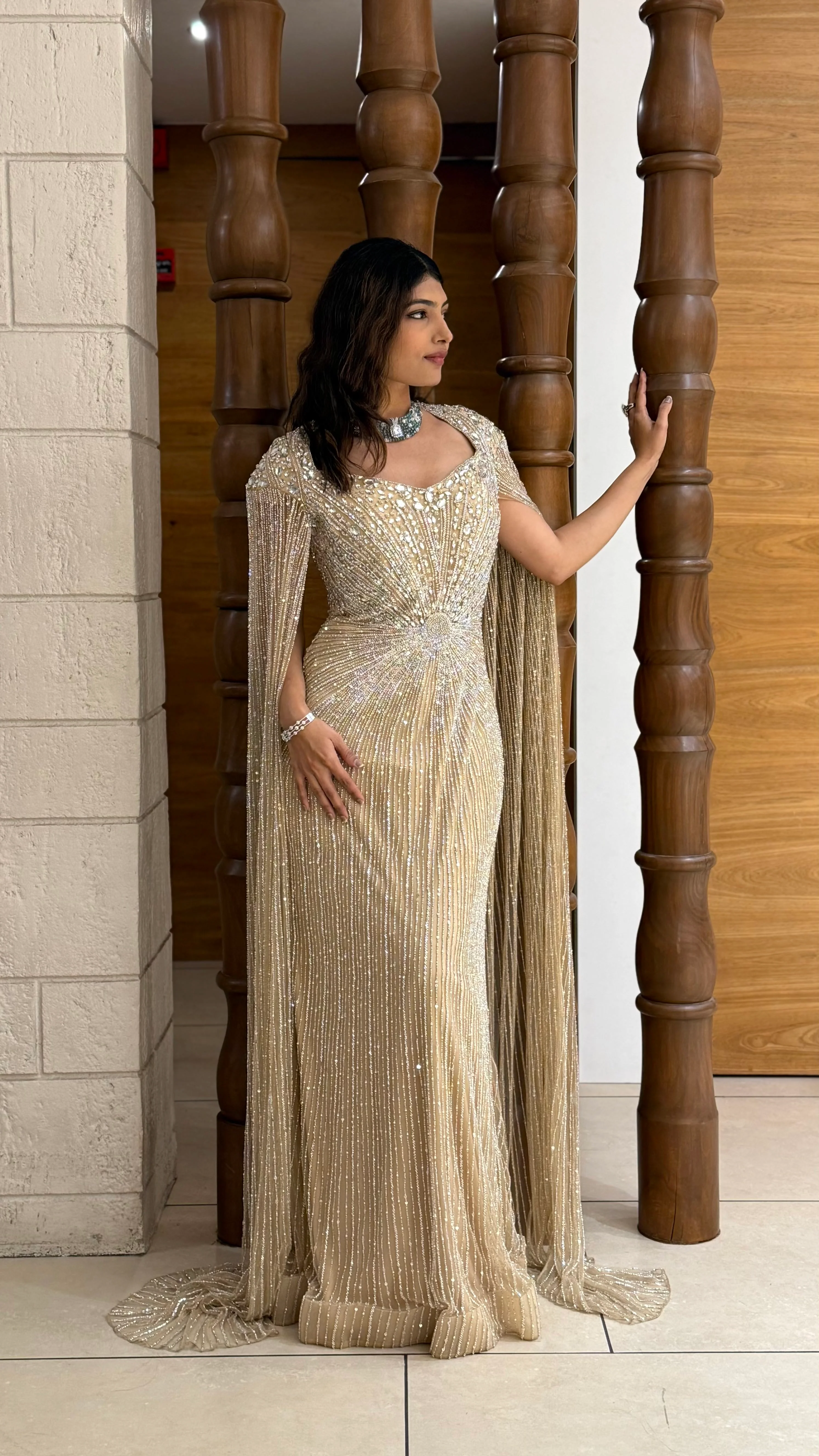 Luxury Gold Sequin Mermaid Gown with Dramatic Cape Sleeves – Designer Evening & Reception Wear - Image 3
