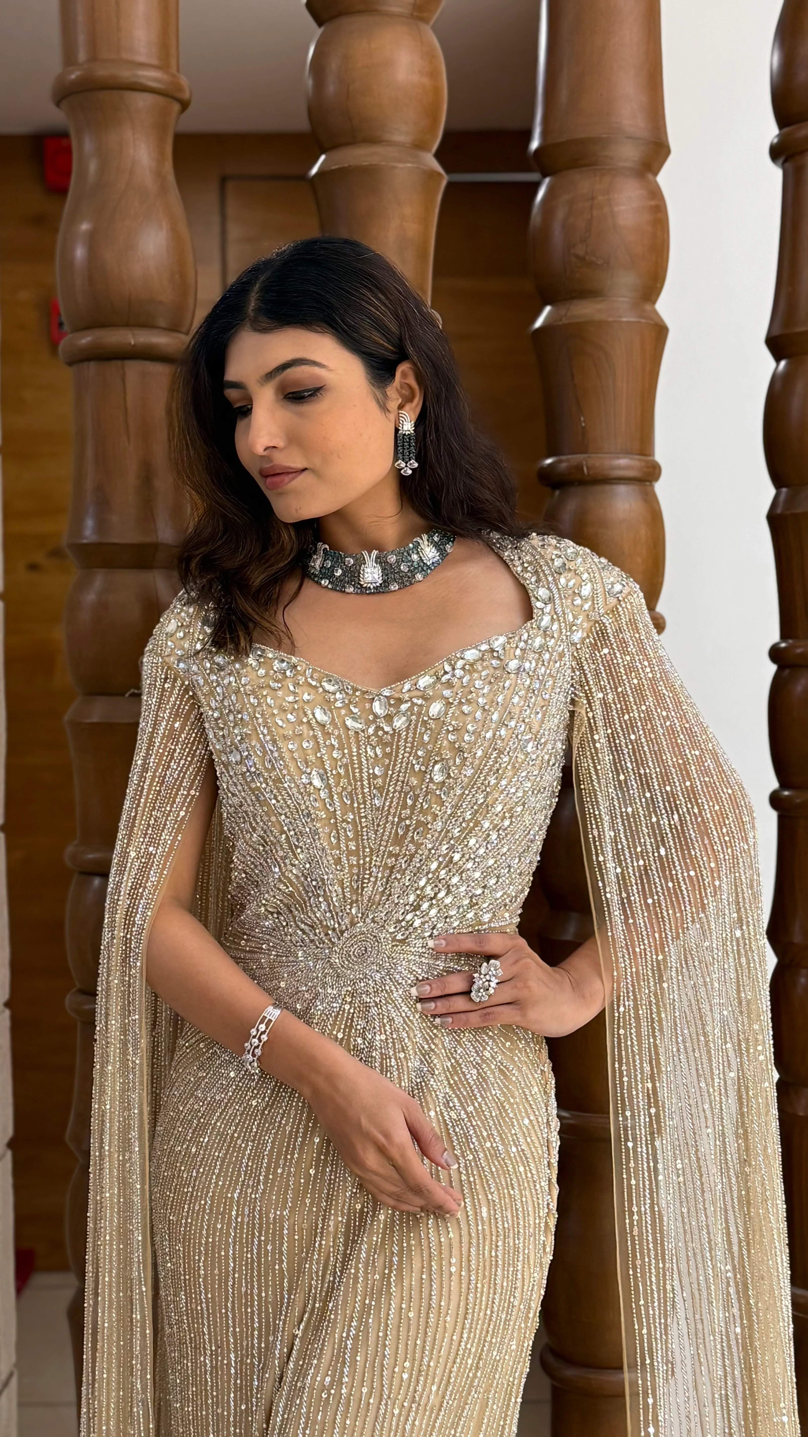 Luxury Gold Sequin Mermaid Gown with Dramatic Cape Sleeves – Designer Evening & Reception Wear - Image 4