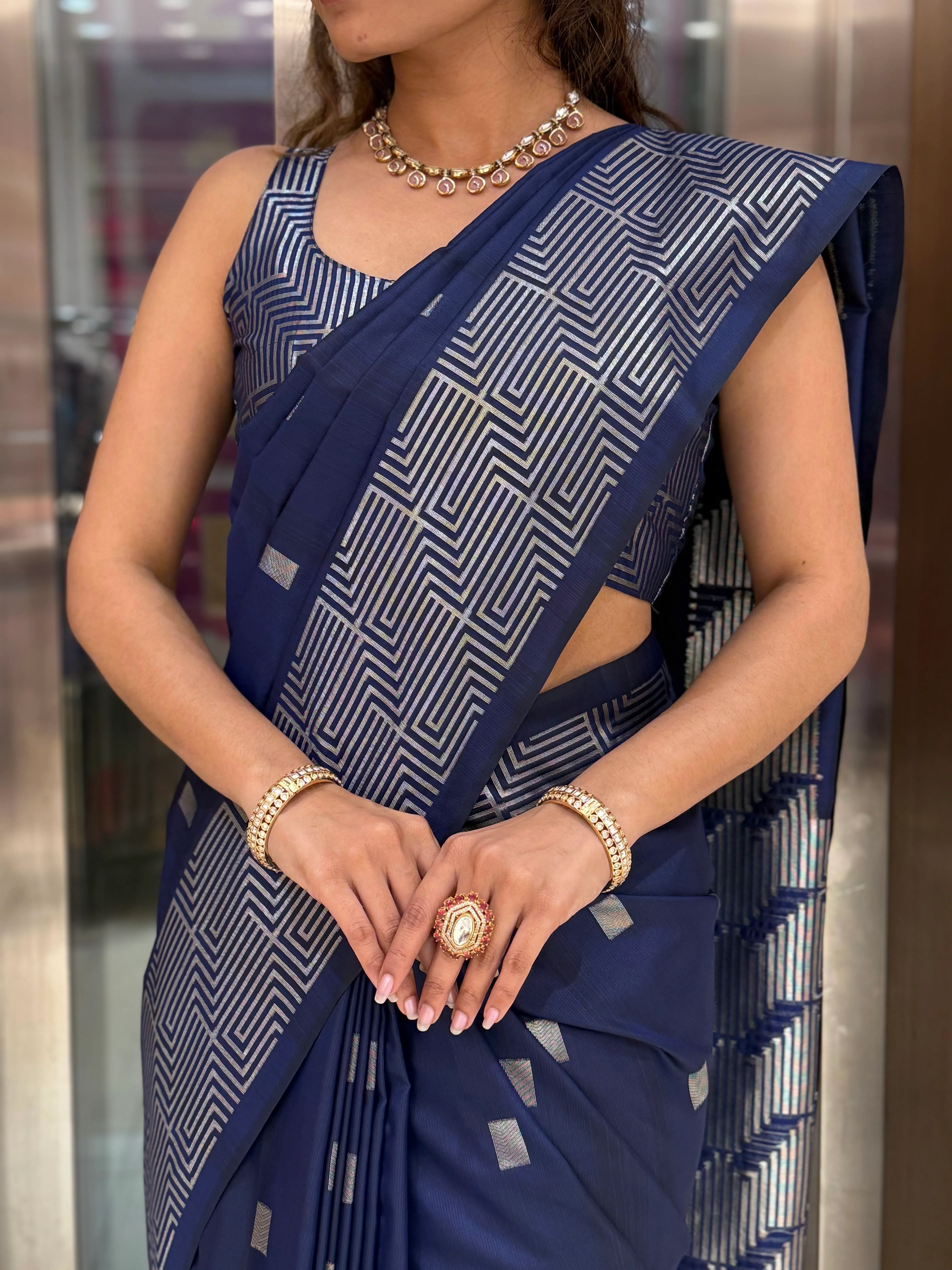 Luxury Soft Silk Saree with Geometric Zari Weaving & Matching Designer Blouse - Image 10