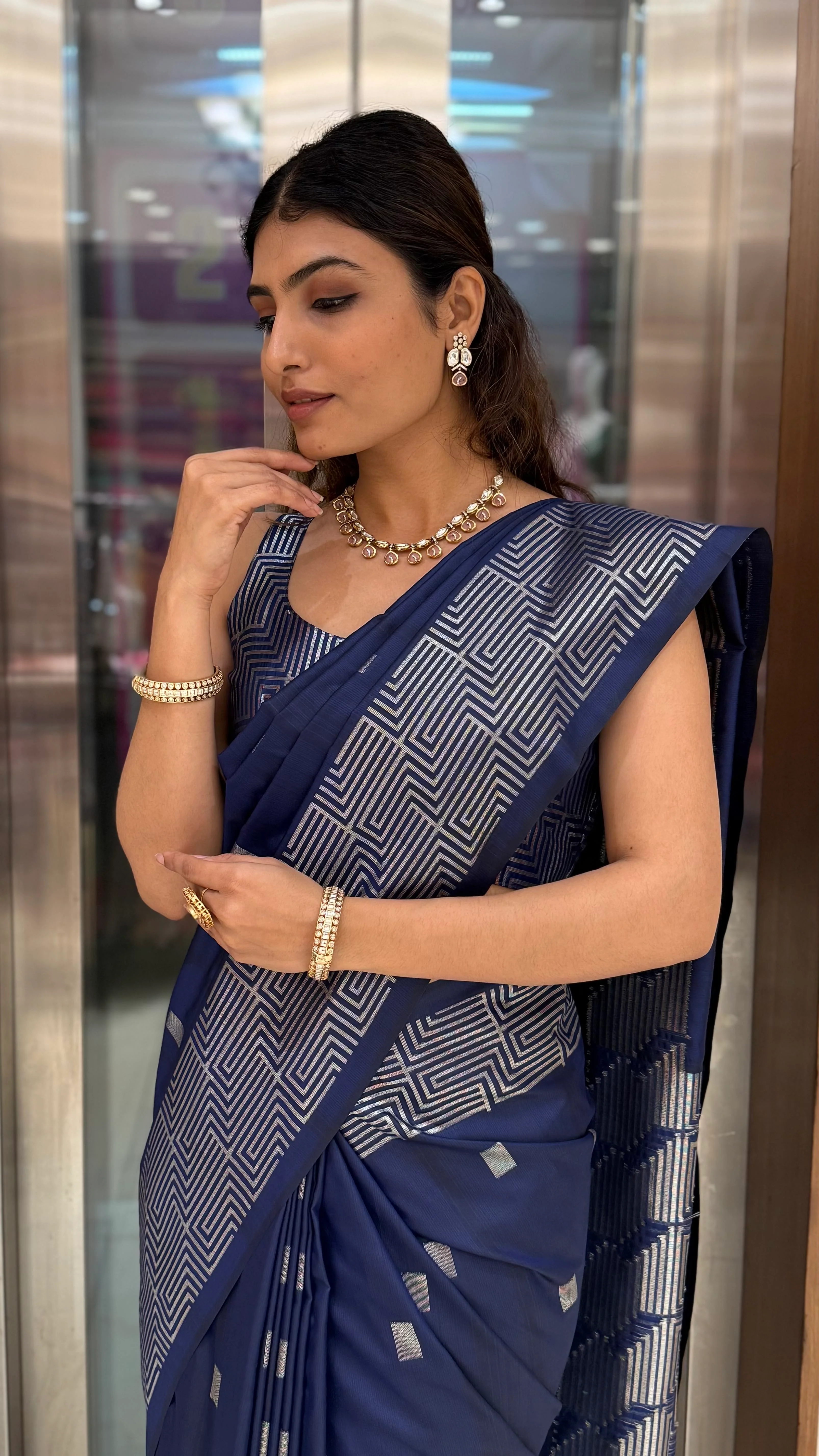 Luxury Soft Silk Saree with Geometric Zari Weaving & Matching Designer Blouse - Image 11