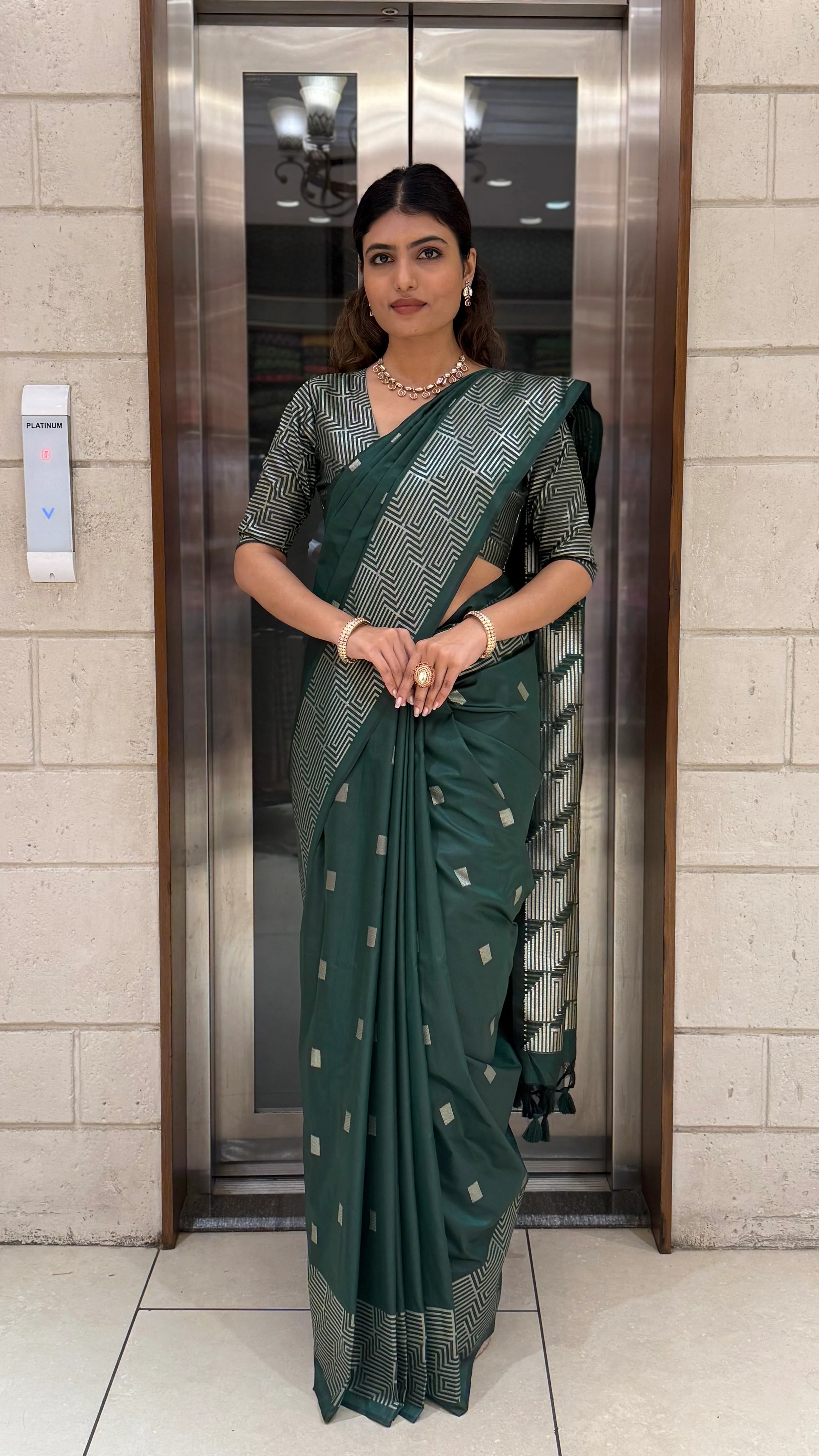 Luxury Soft Silk Saree with Geometric Zari Weaving & Matching Designer Blouse - Image 13
