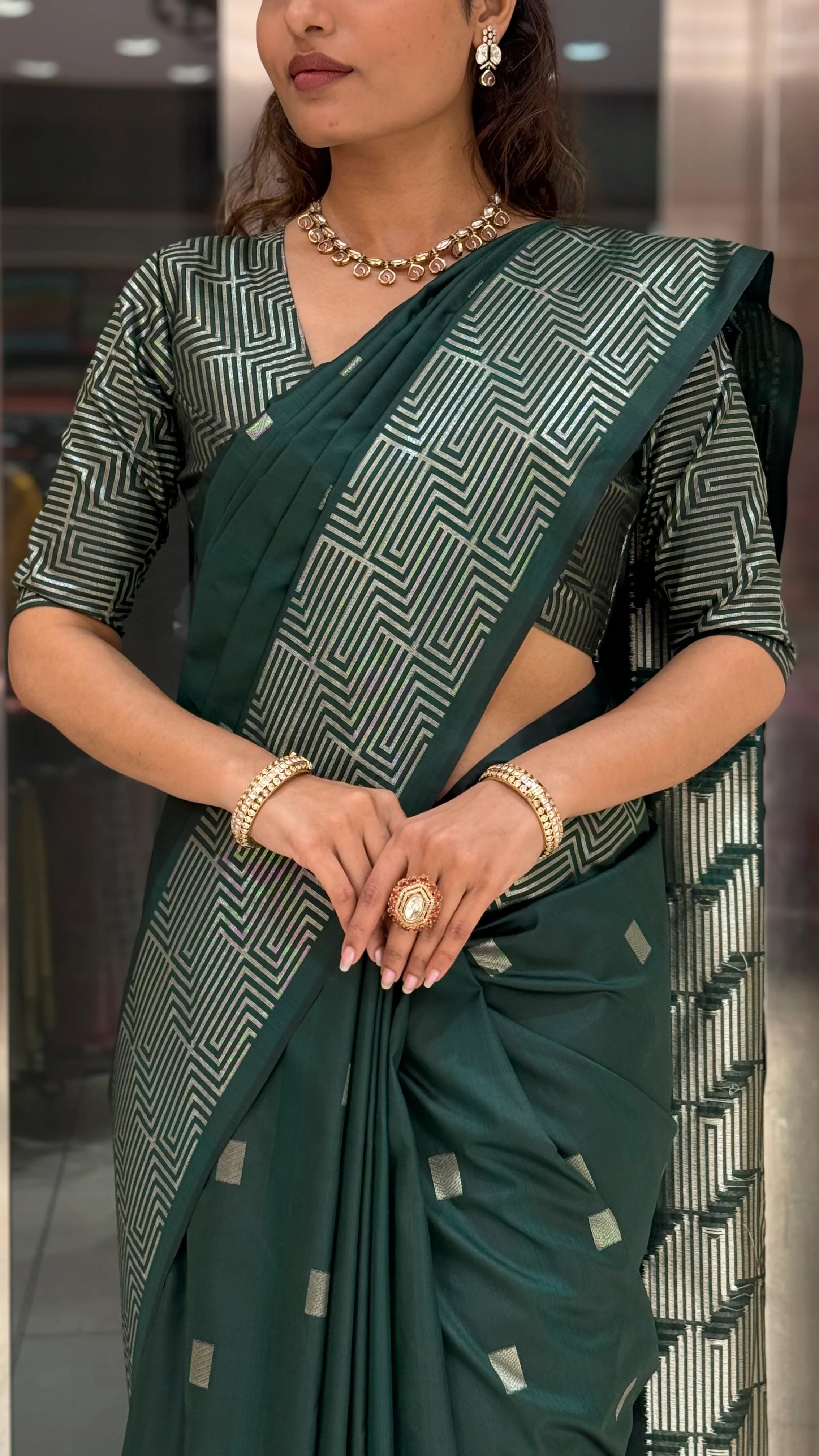 Luxury Soft Silk Saree with Geometric Zari Weaving & Matching Designer Blouse - Image 14