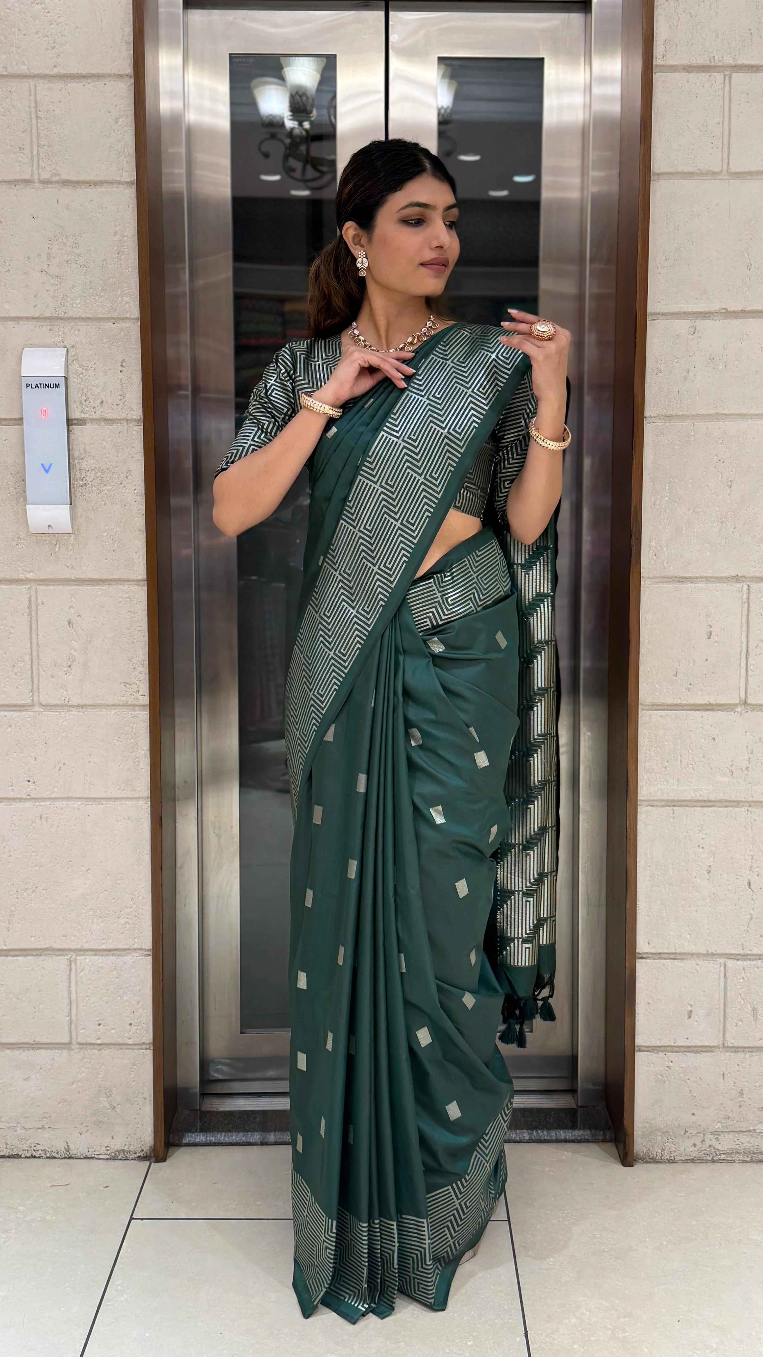 Luxury Soft Silk Saree with Geometric Zari Weaving & Matching Designer Blouse - Image 16