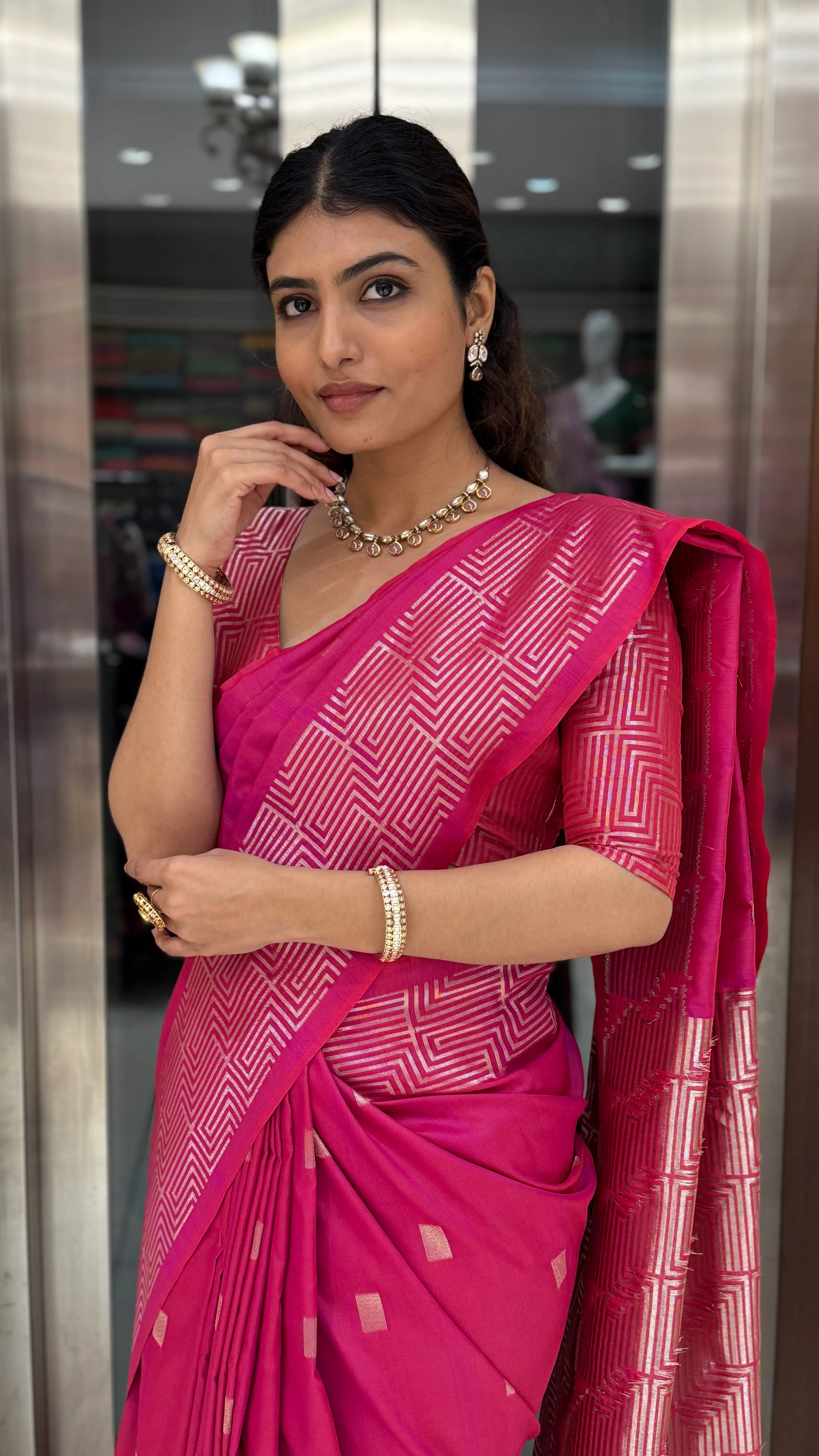 Luxury Soft Silk Saree with Geometric Zari Weaving & Matching Designer Blouse - Image 19