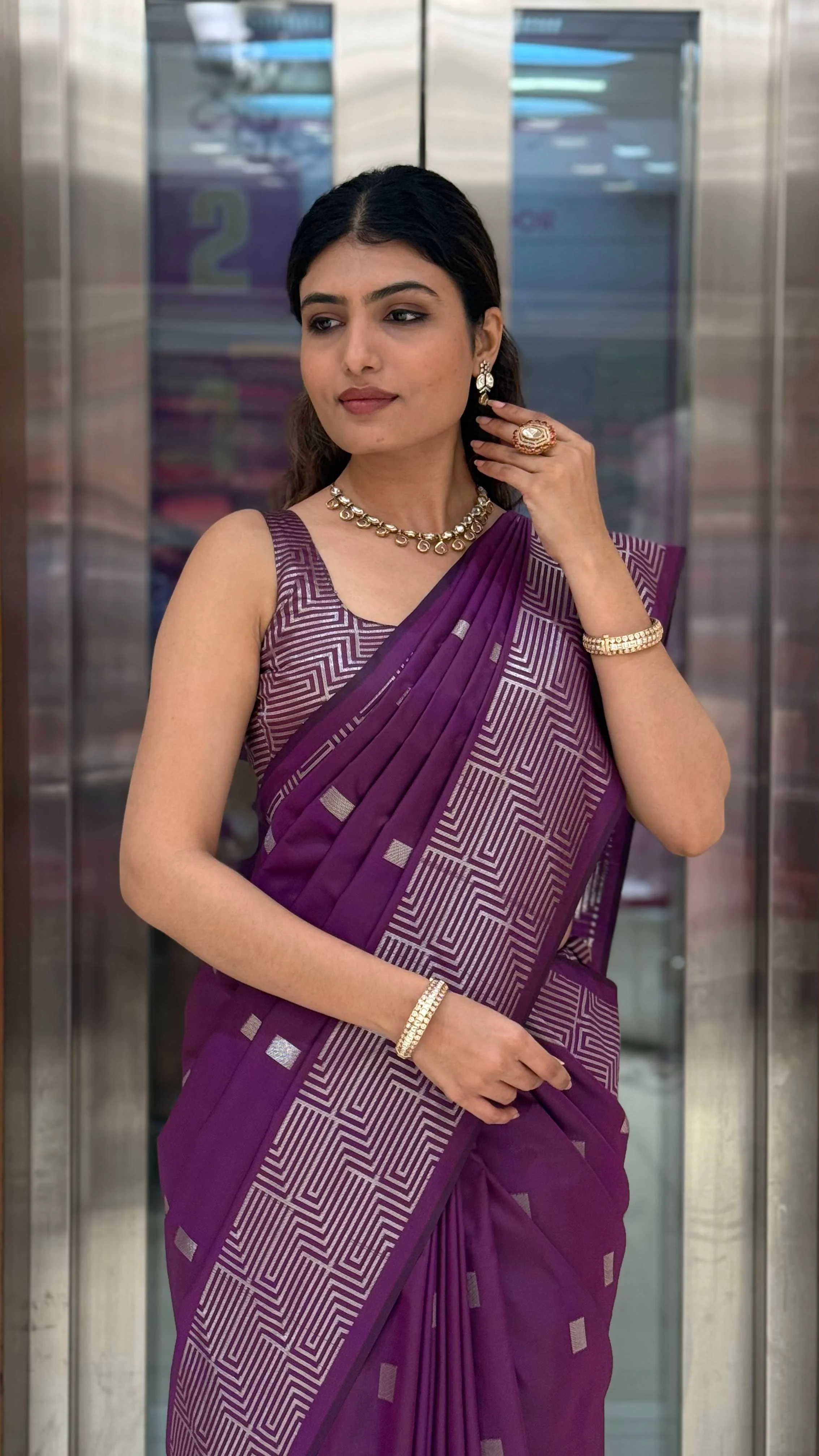 Luxury Soft Silk Saree with Geometric Zari Weaving & Matching Designer Blouse - Image 2