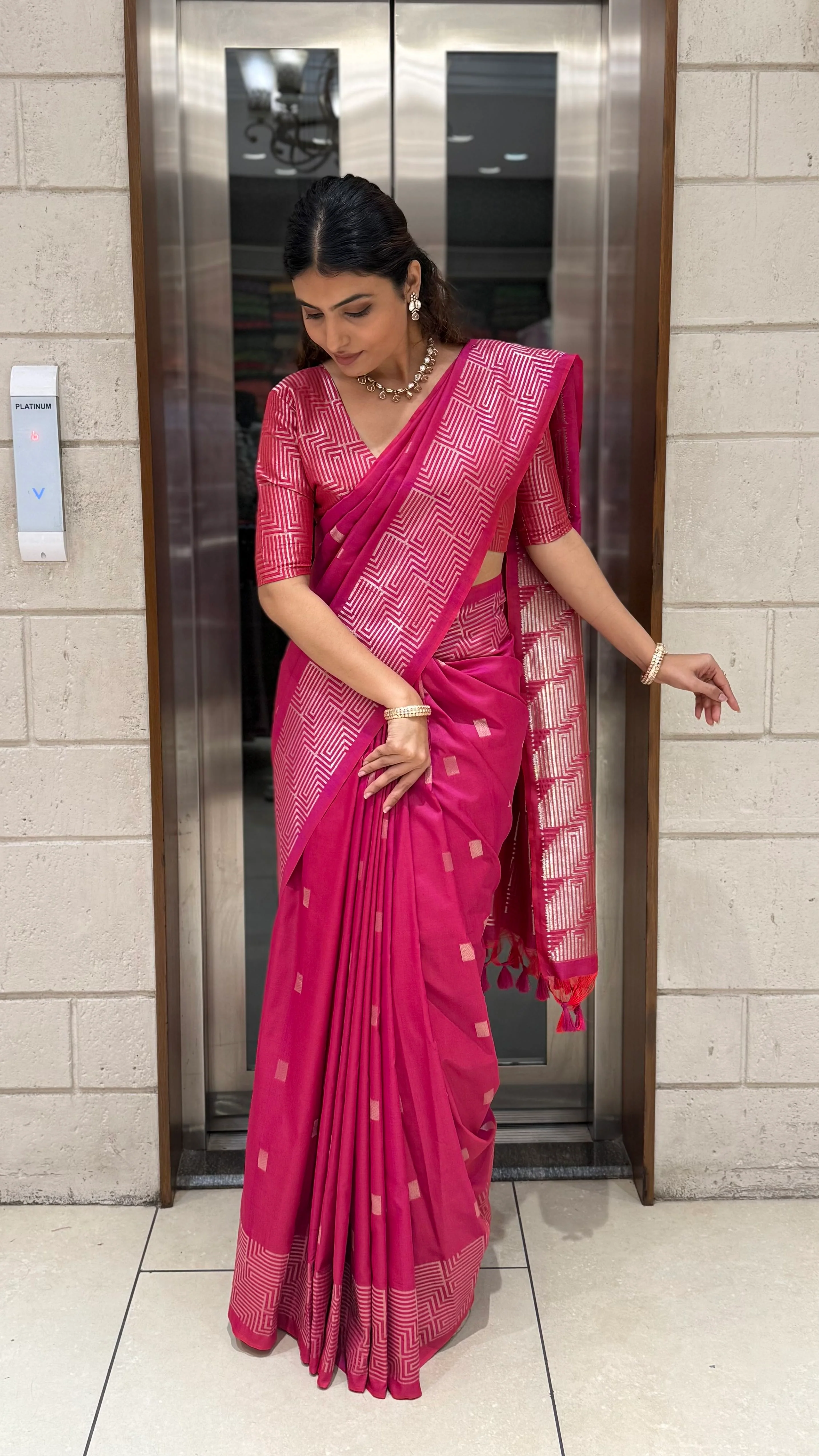 Luxury Soft Silk Saree with Geometric Zari Weaving & Matching Designer Blouse - Image 20
