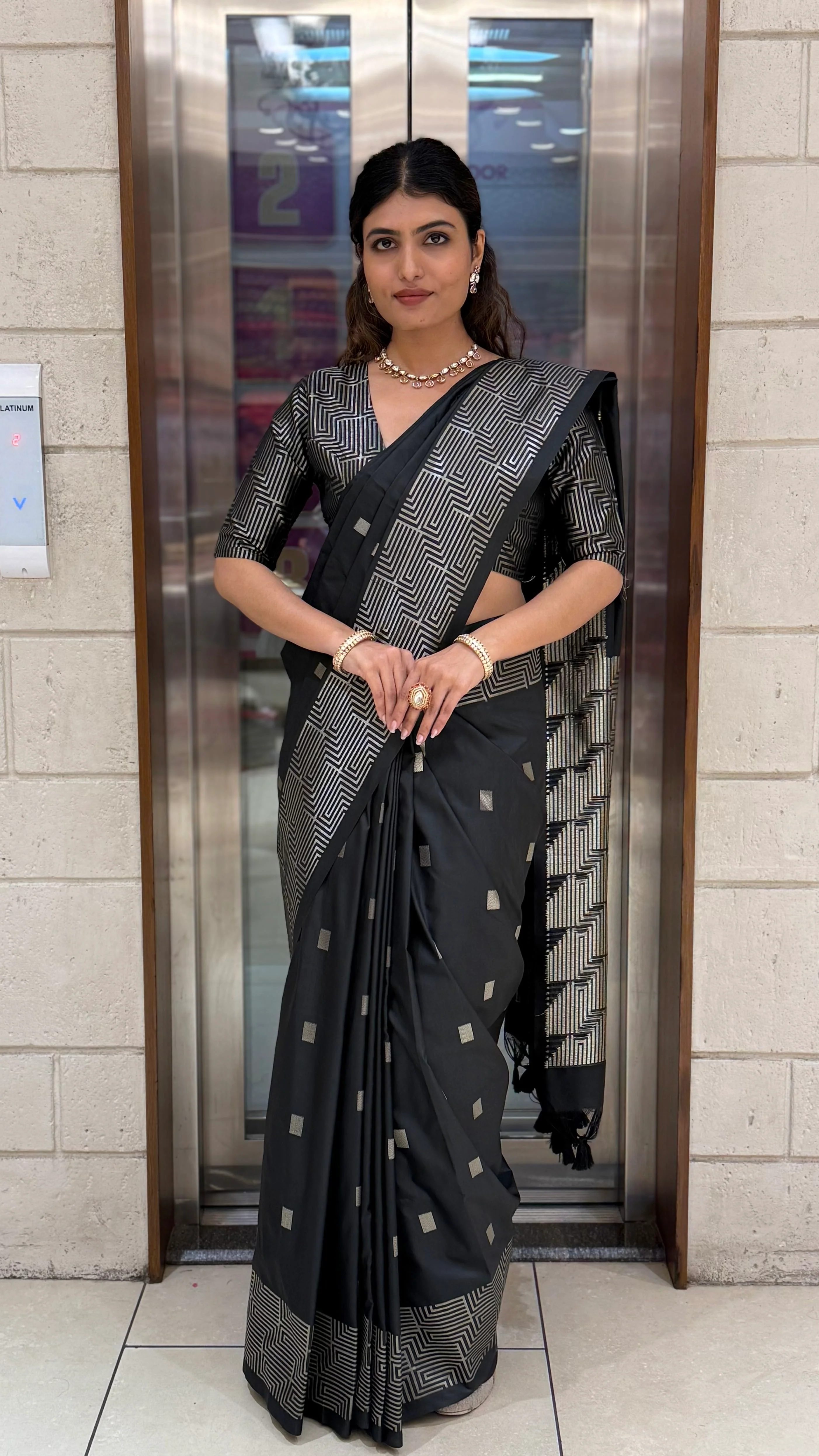 Luxury Soft Silk Saree with Geometric Zari Weaving & Matching Designer Blouse - Image 21