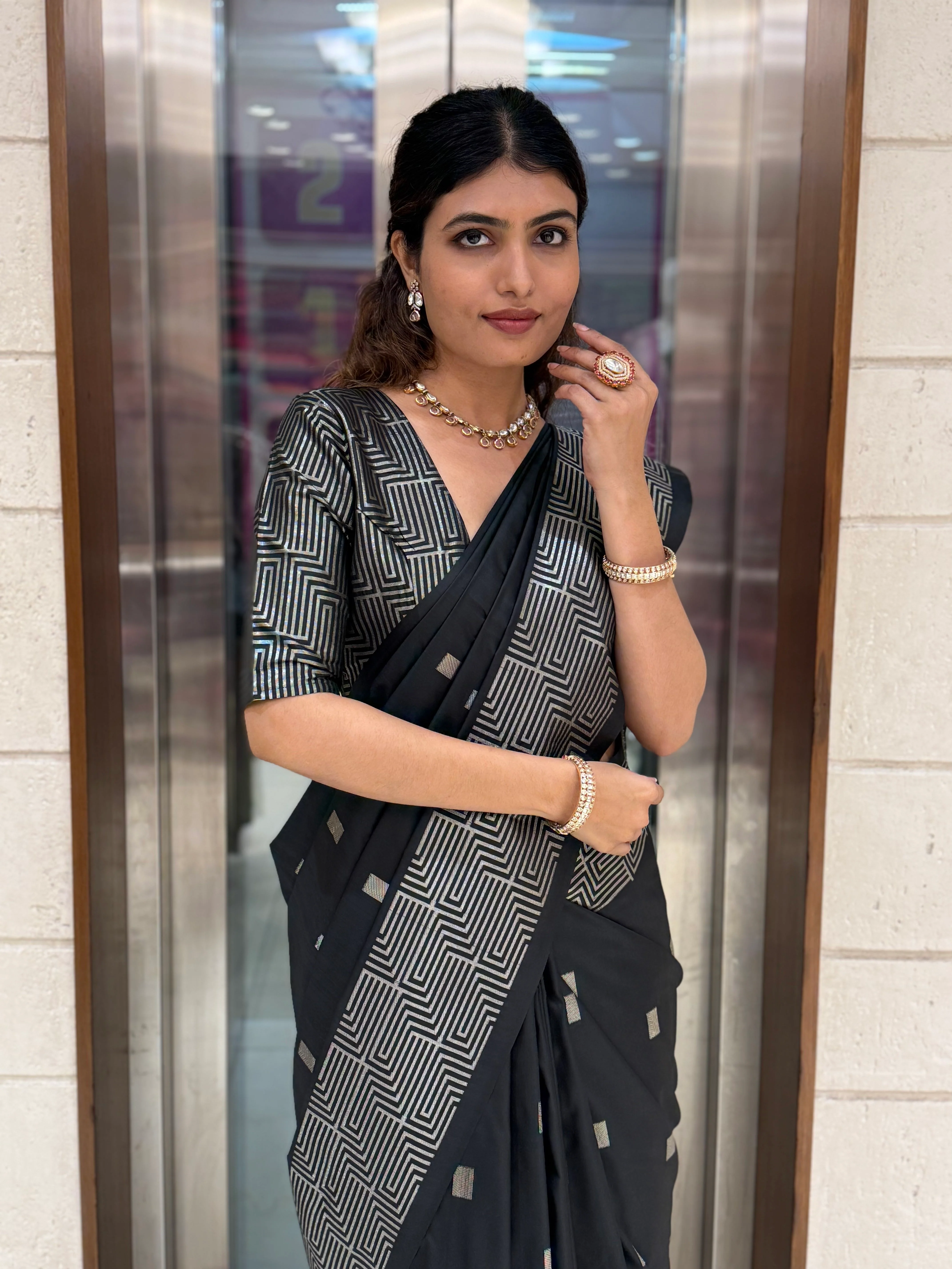 Luxury Soft Silk Saree with Geometric Zari Weaving & Matching Designer Blouse - Image 23
