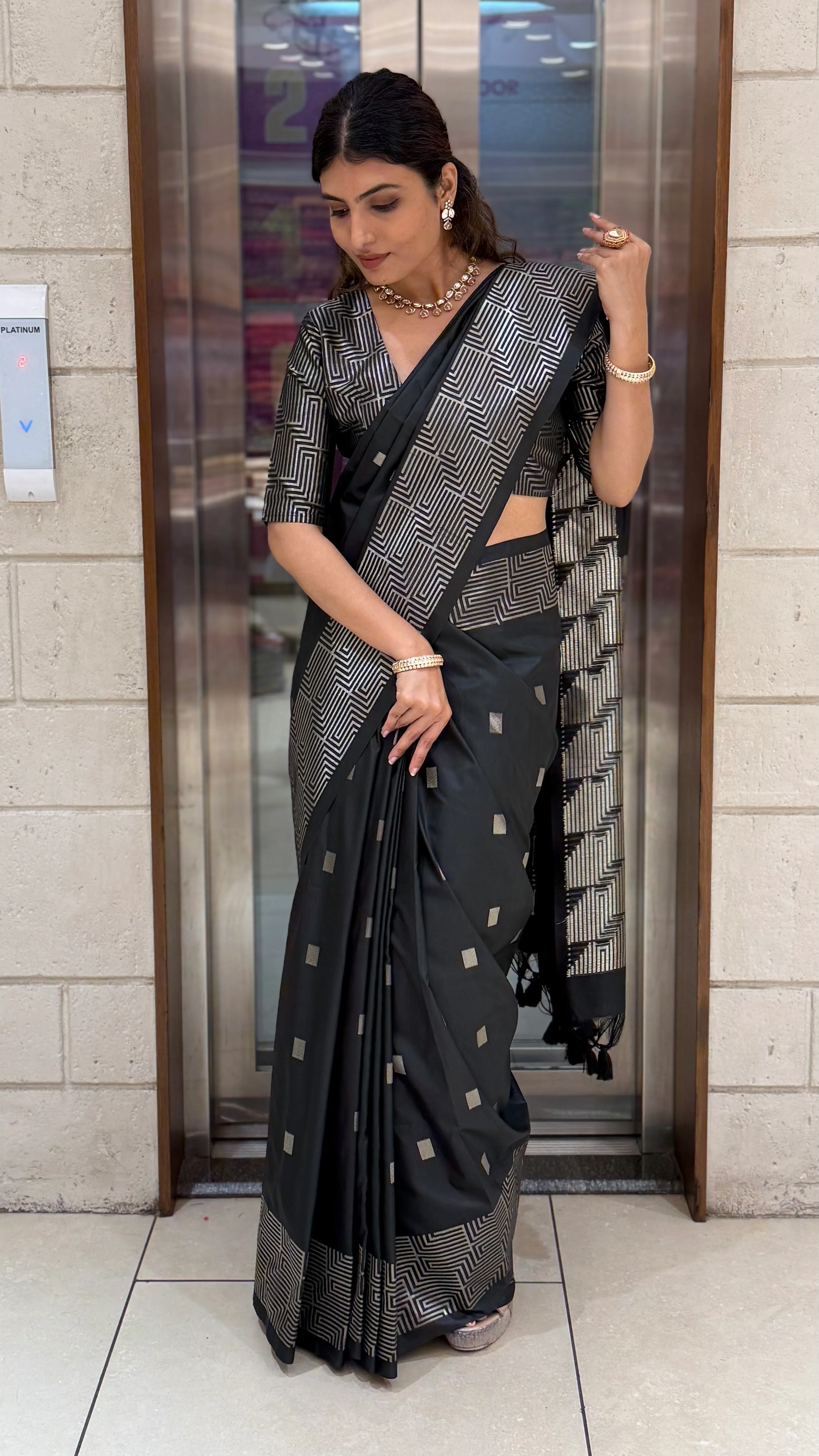 Luxury Soft Silk Saree with Geometric Zari Weaving & Matching Designer Blouse - Image 24