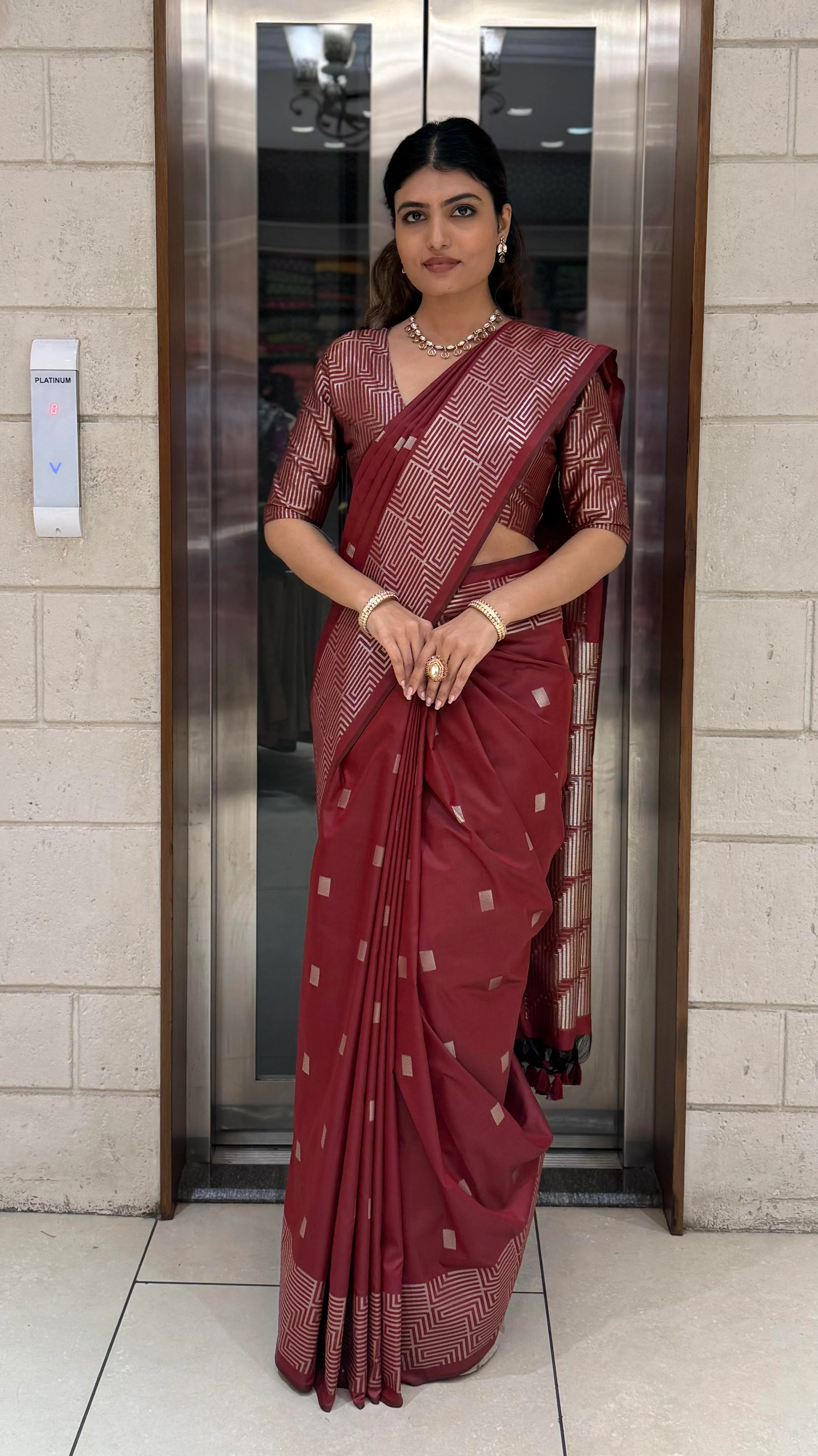 Luxury Soft Silk Saree with Geometric Zari Weaving & Matching Designer Blouse - Image 5