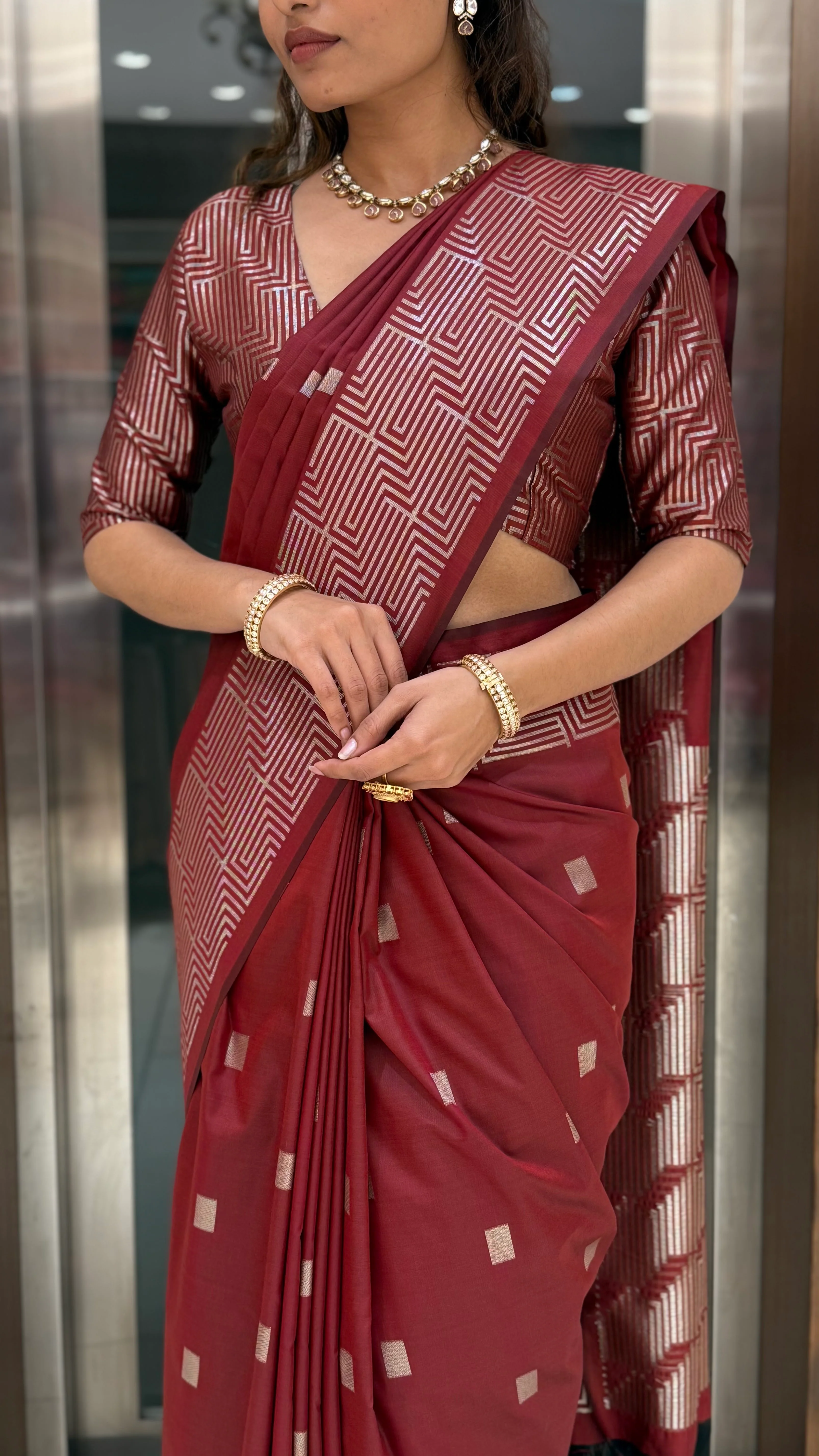 Luxury Soft Silk Saree with Geometric Zari Weaving & Matching Designer Blouse - Image 6