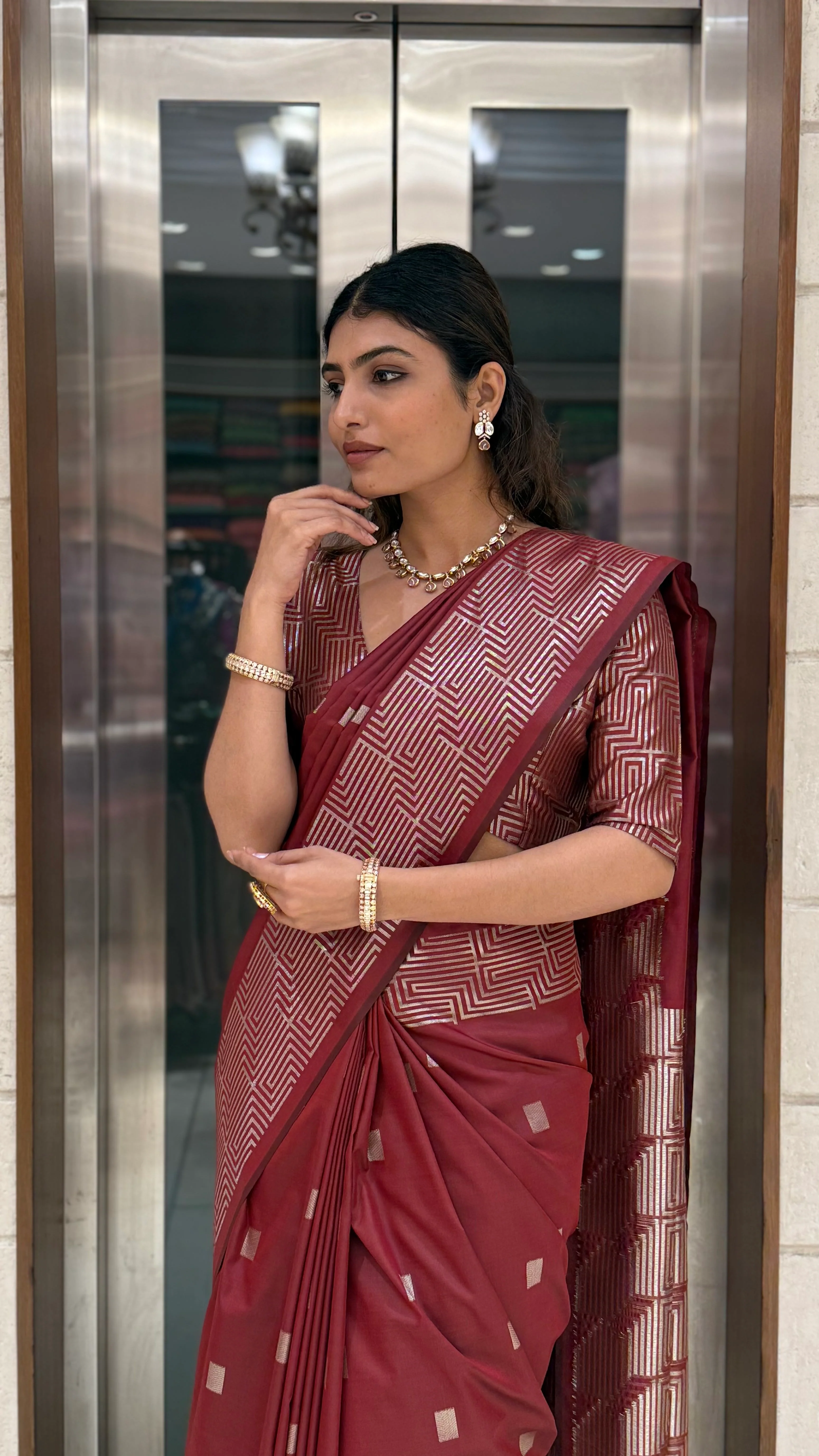 Luxury Soft Silk Saree with Geometric Zari Weaving & Matching Designer Blouse - Image 7