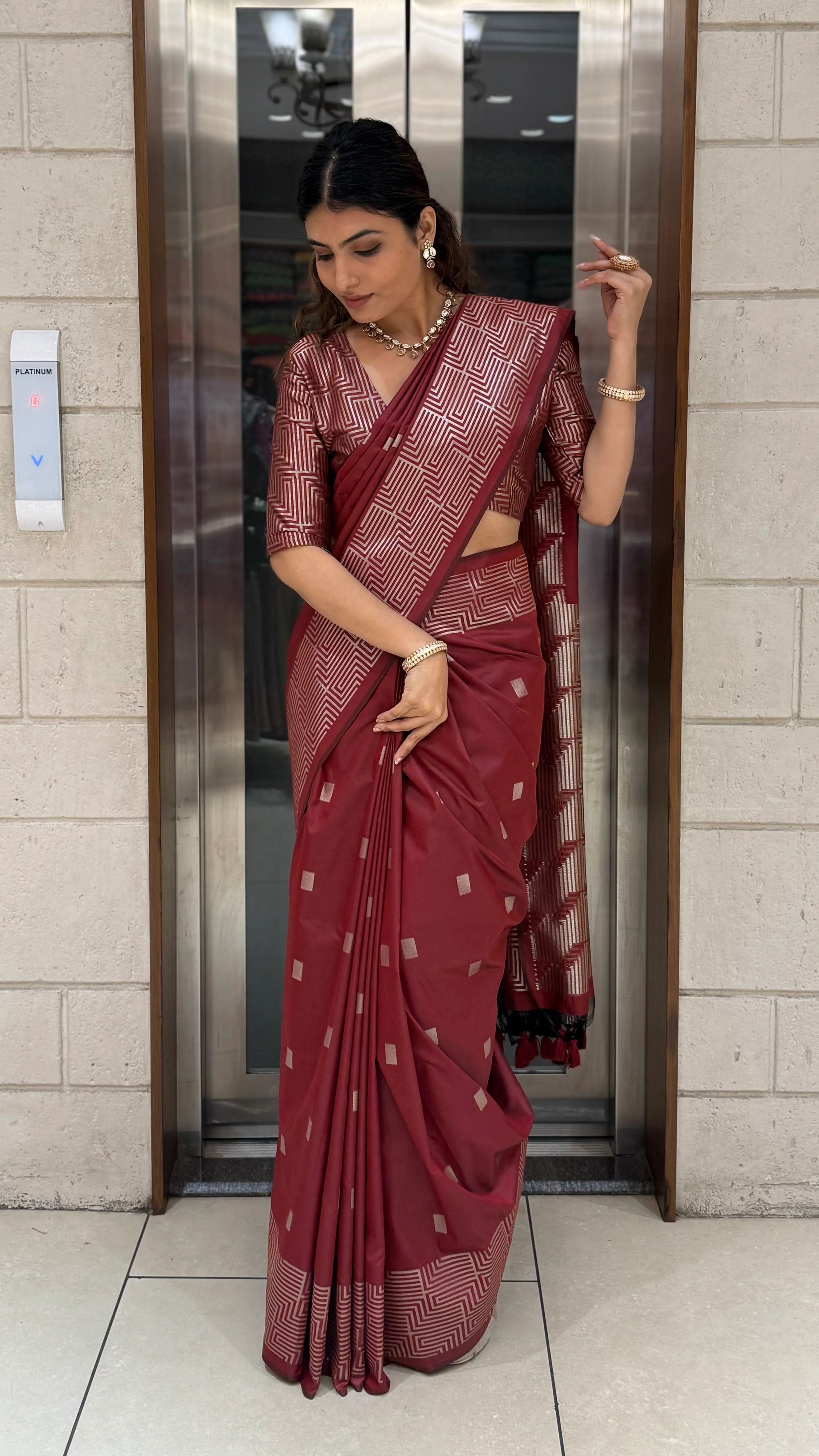 Luxury Soft Silk Saree with Geometric Zari Weaving & Matching Designer Blouse - Image 8