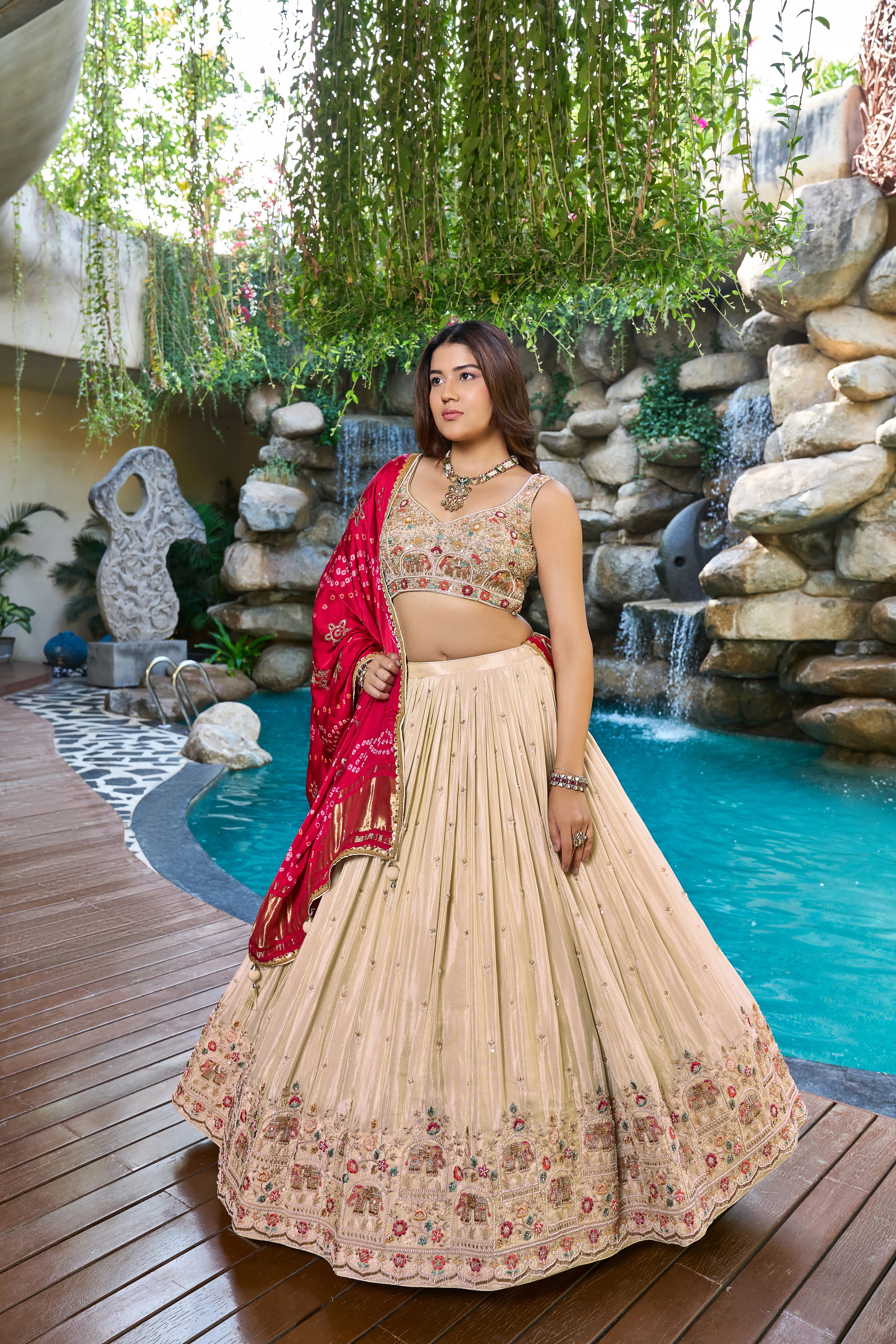 lvory Cream Designer Lehenga Set with Embroidered Blouse & Red Dupatta - Image 2