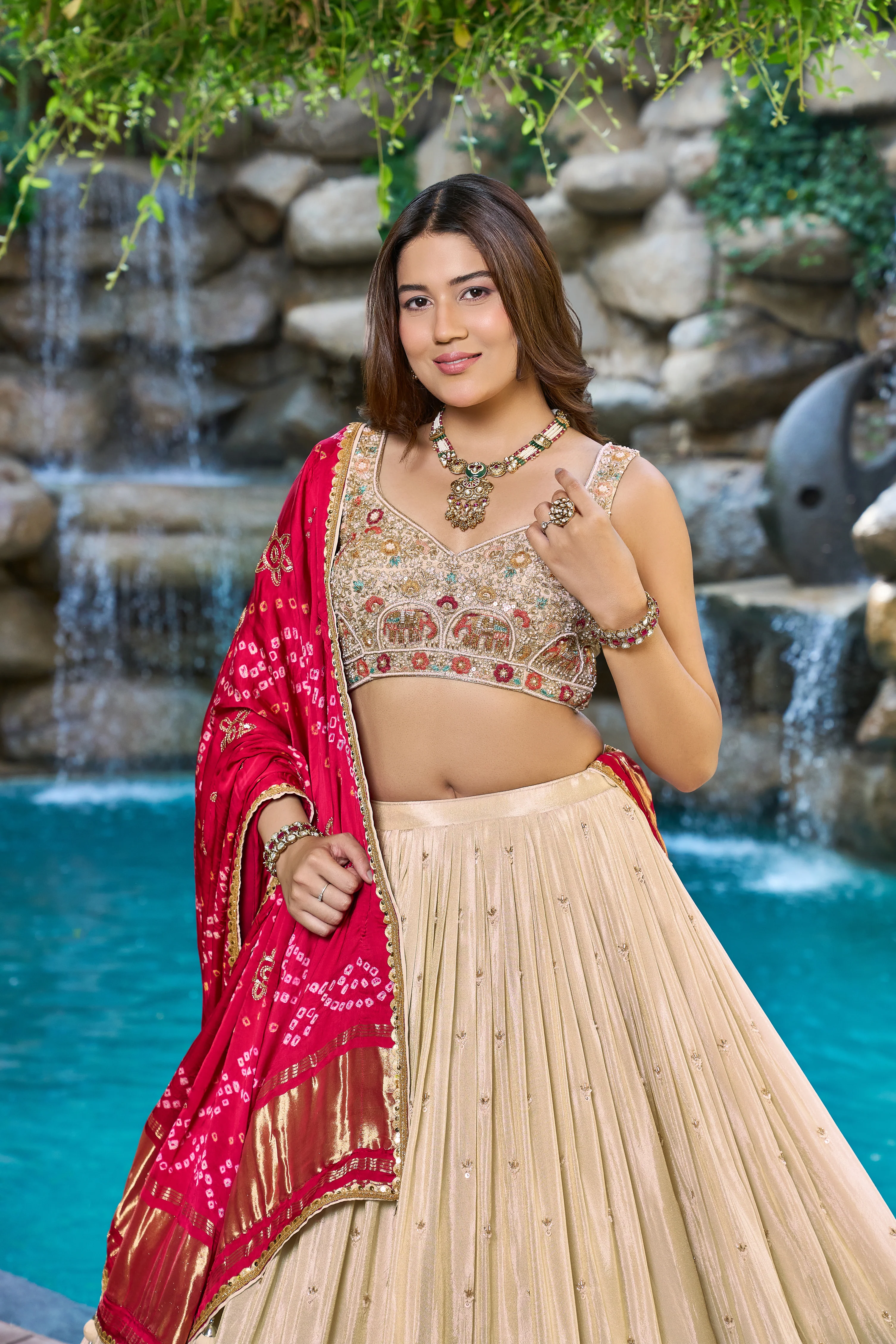 lvory Cream Designer Lehenga Set with Embroidered Blouse & Red Dupatta - Image 3
