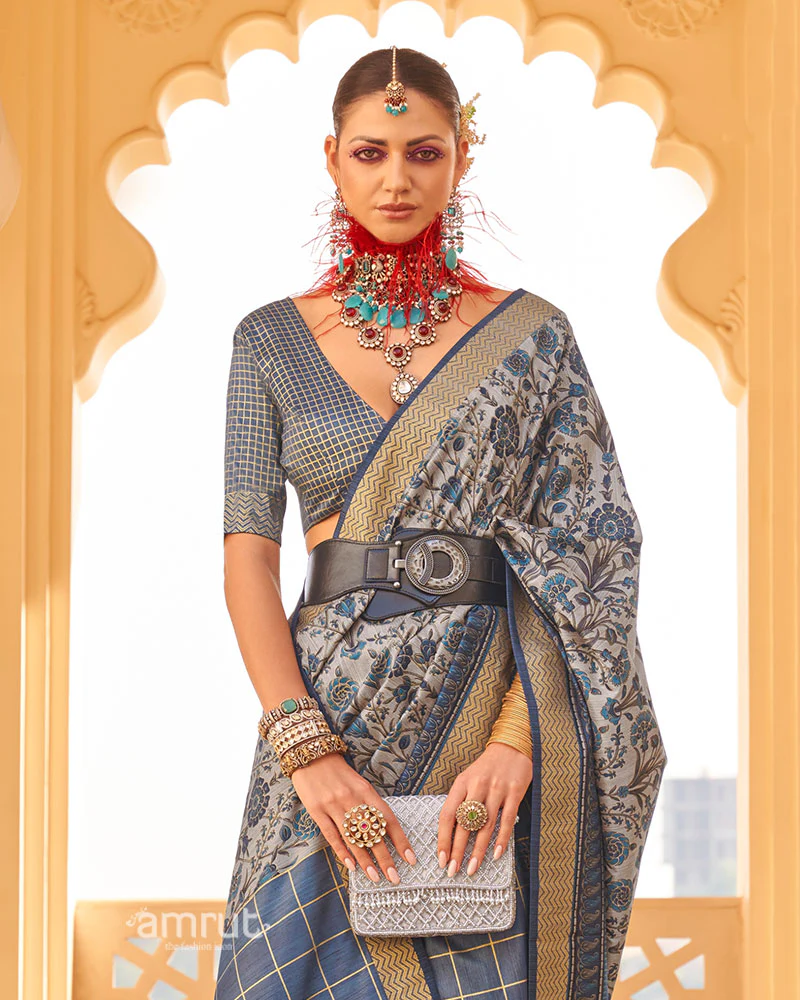 Lynch Blue and Grey Printed Silk Saree with Unstitched Blouse - Image 2