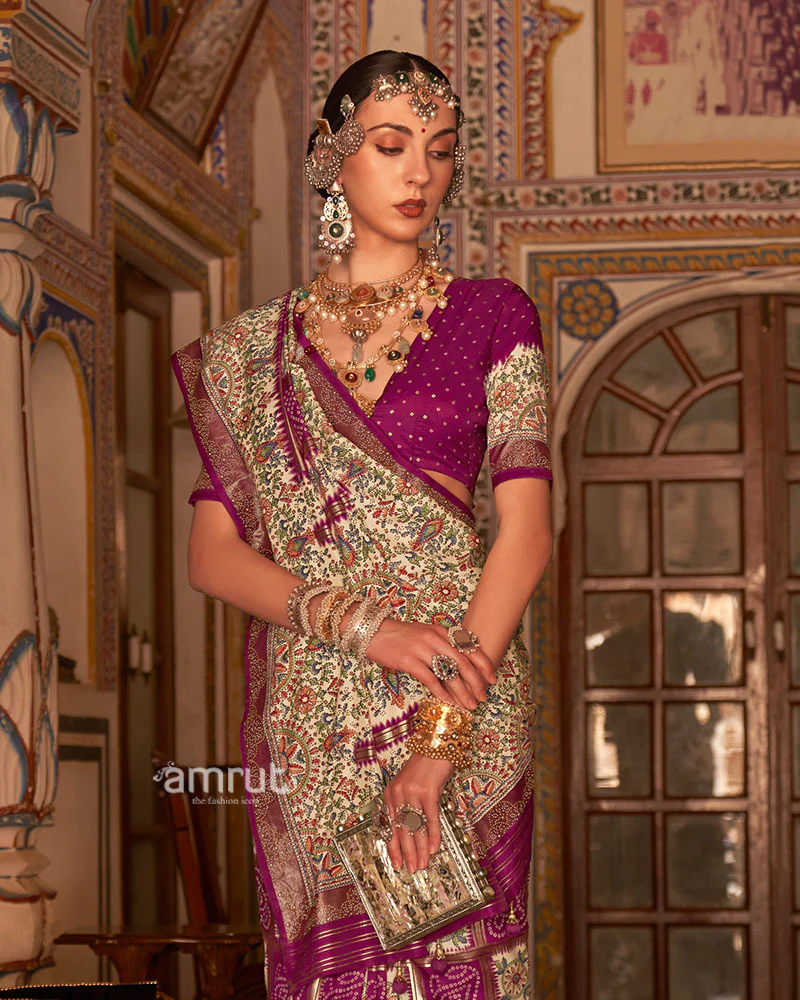 Magenta and Cream Bandhani Saree with Unstitched Blouse - Image 2