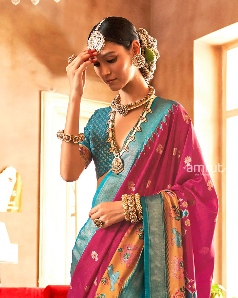 Magenta and Teal Ikat Woven Border Silk Saree with Unstitched Blouse - Image 2