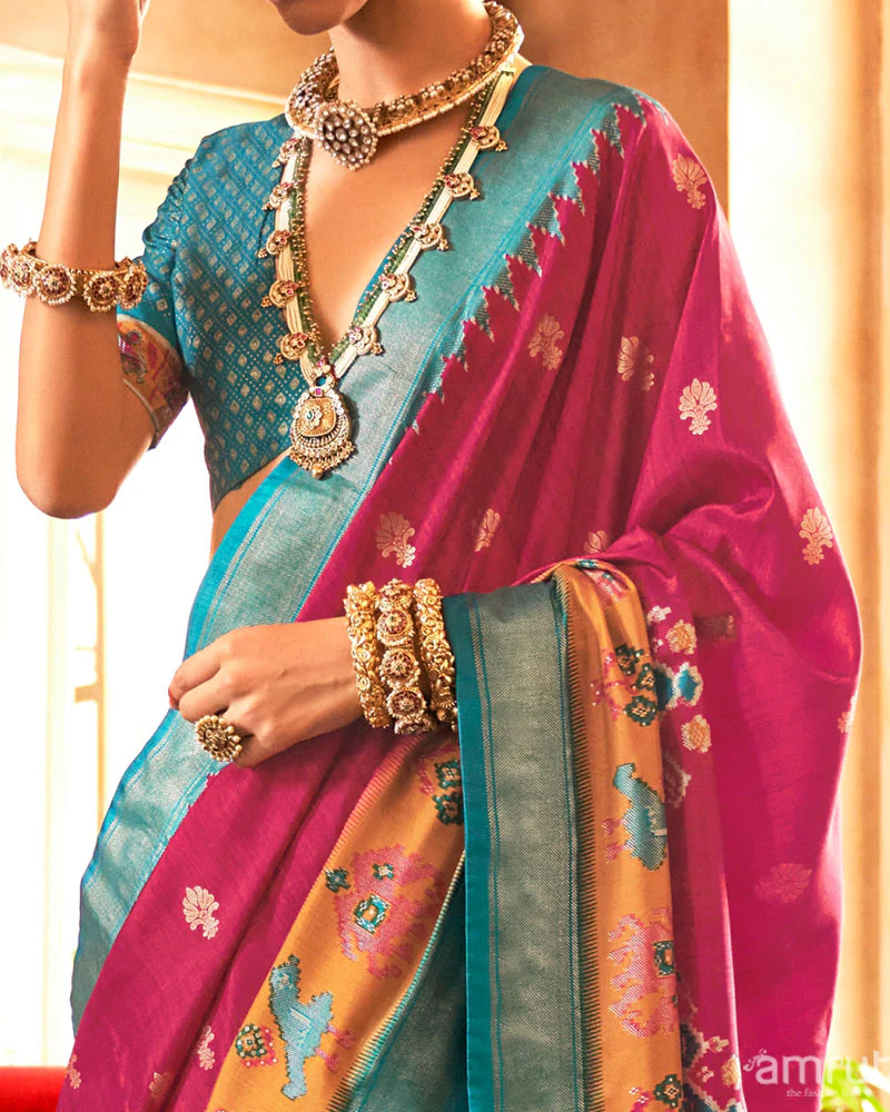 Magenta and Teal Ikat Woven Border Silk Saree with Unstitched Blouse - Image 3