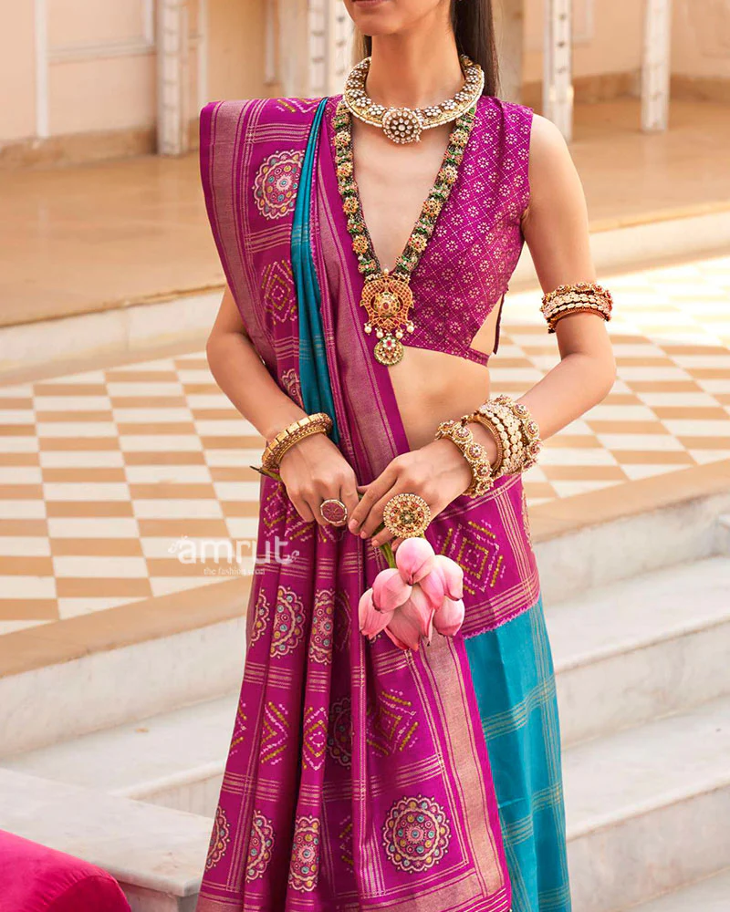 Magenta and Turquoise Printed Patola Silk Saree with Unstitched Blouse - Image 3