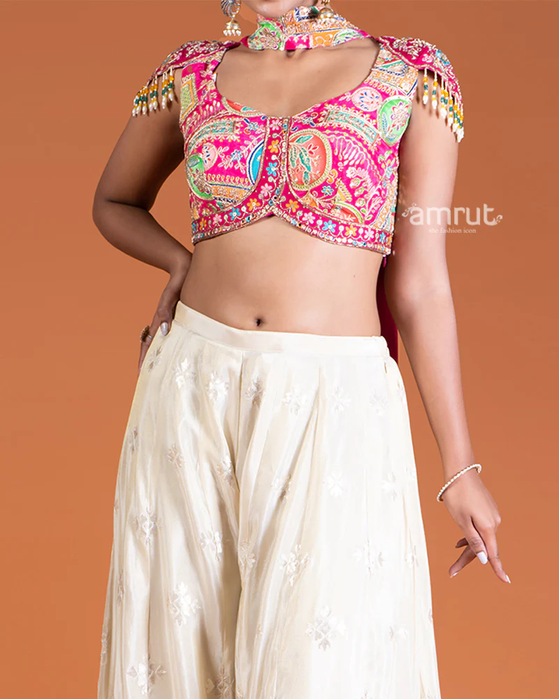 Magenta Crop Top with Embroidered Palazzo Pants and Choker Dupatta - Image 3