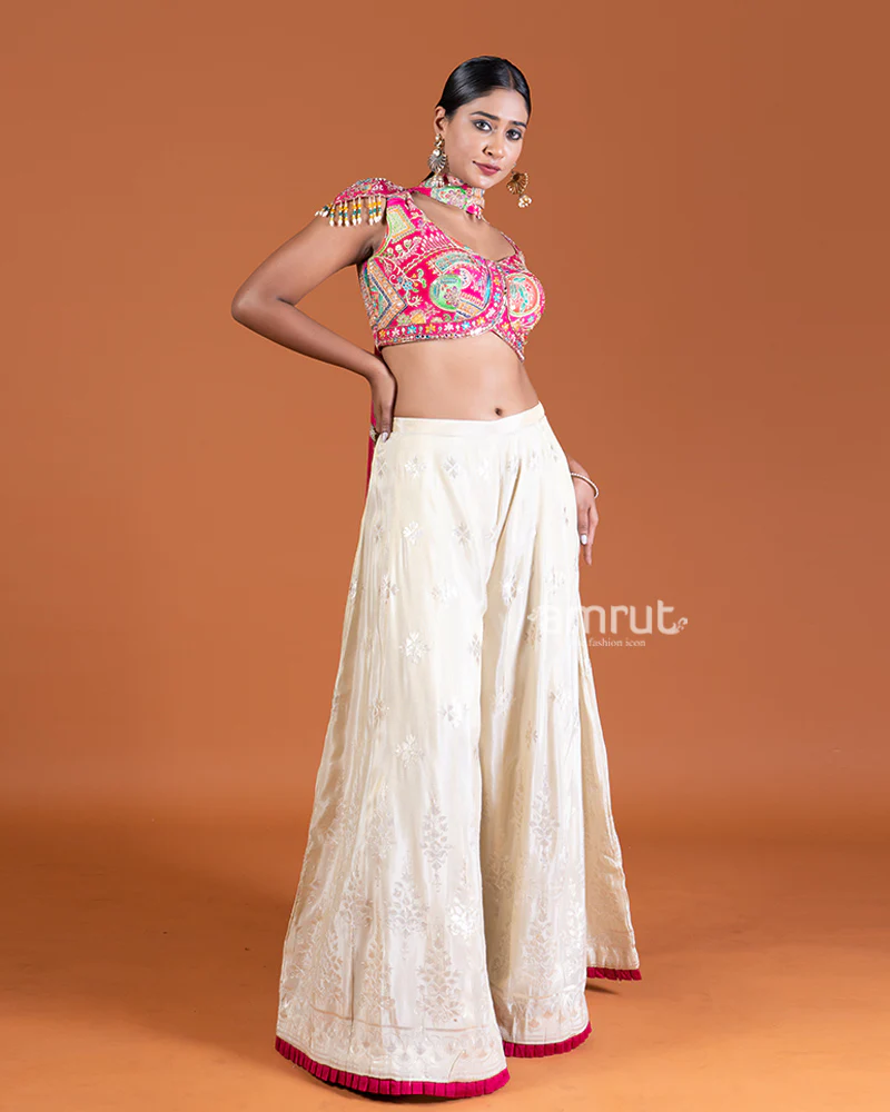 Magenta Crop Top with Embroidered Palazzo Pants and Choker Dupatta - Image 4