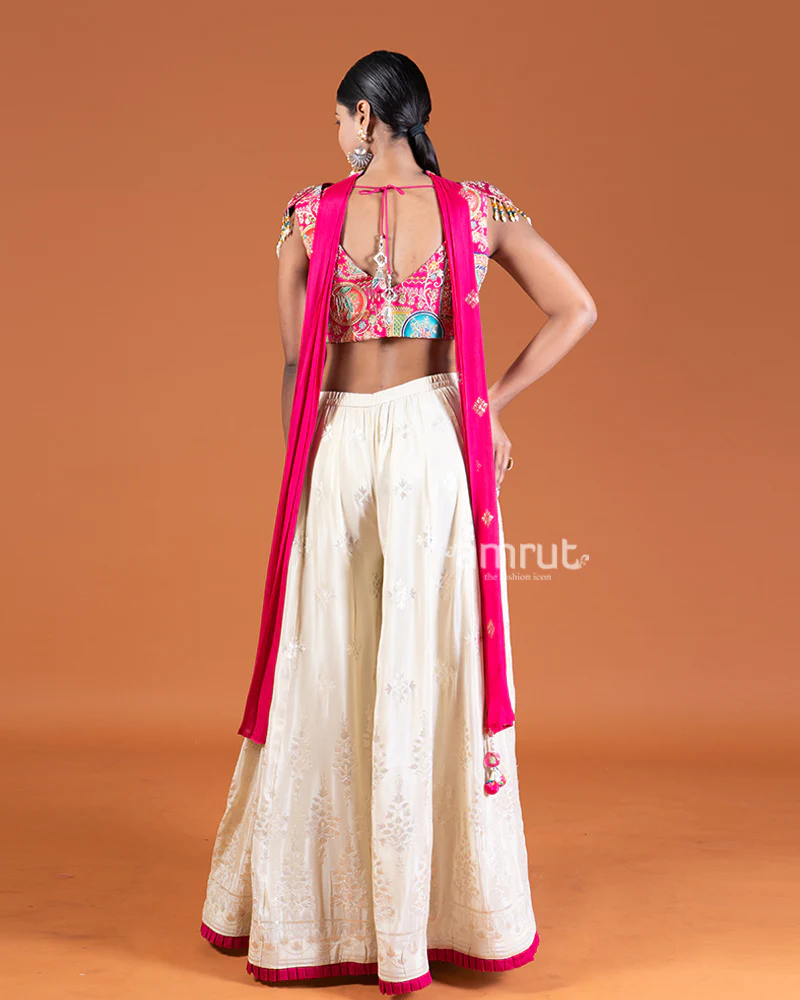 Magenta Crop Top with Embroidered Palazzo Pants and Choker Dupatta - Image 5