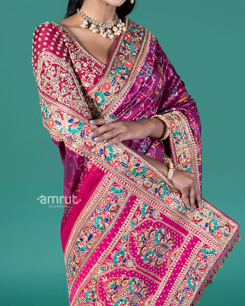 Magenta Embroidered Borders Patola Silk Saree with Stitched Maroon Blouse - Image 3