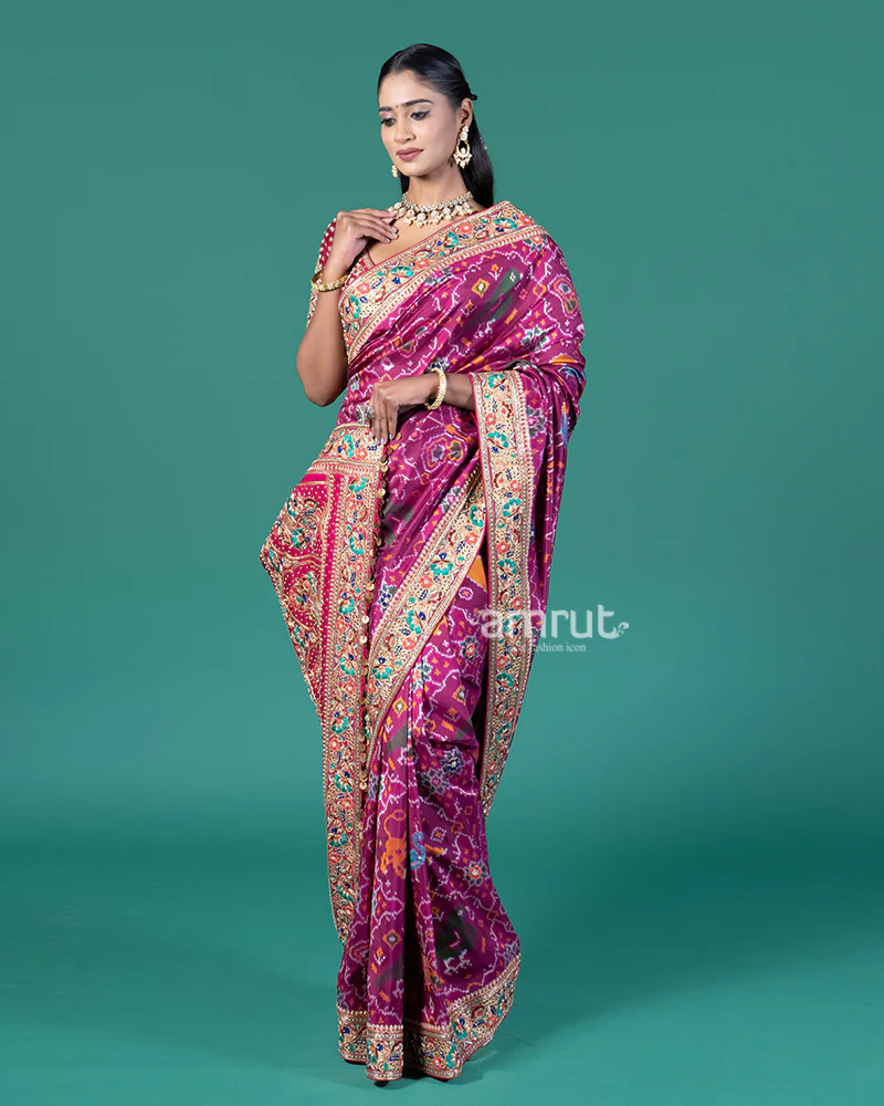 Magenta Embroidered Borders Patola Silk Saree with Stitched Maroon Blouse - Image 4