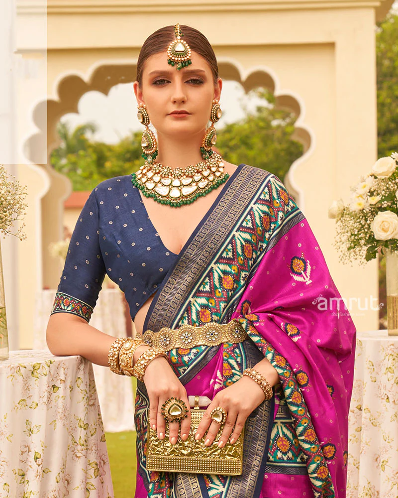 Magenta Pink and Navy Blue Printed Patola Silk Saree with Zari Border and Unstitched Blouse - Image 2