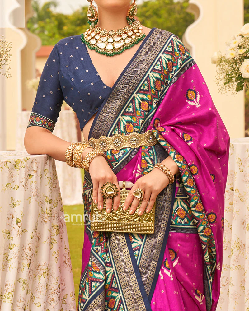 Magenta Pink and Navy Blue Printed Patola Silk Saree with Zari Border and Unstitched Blouse - Image 3
