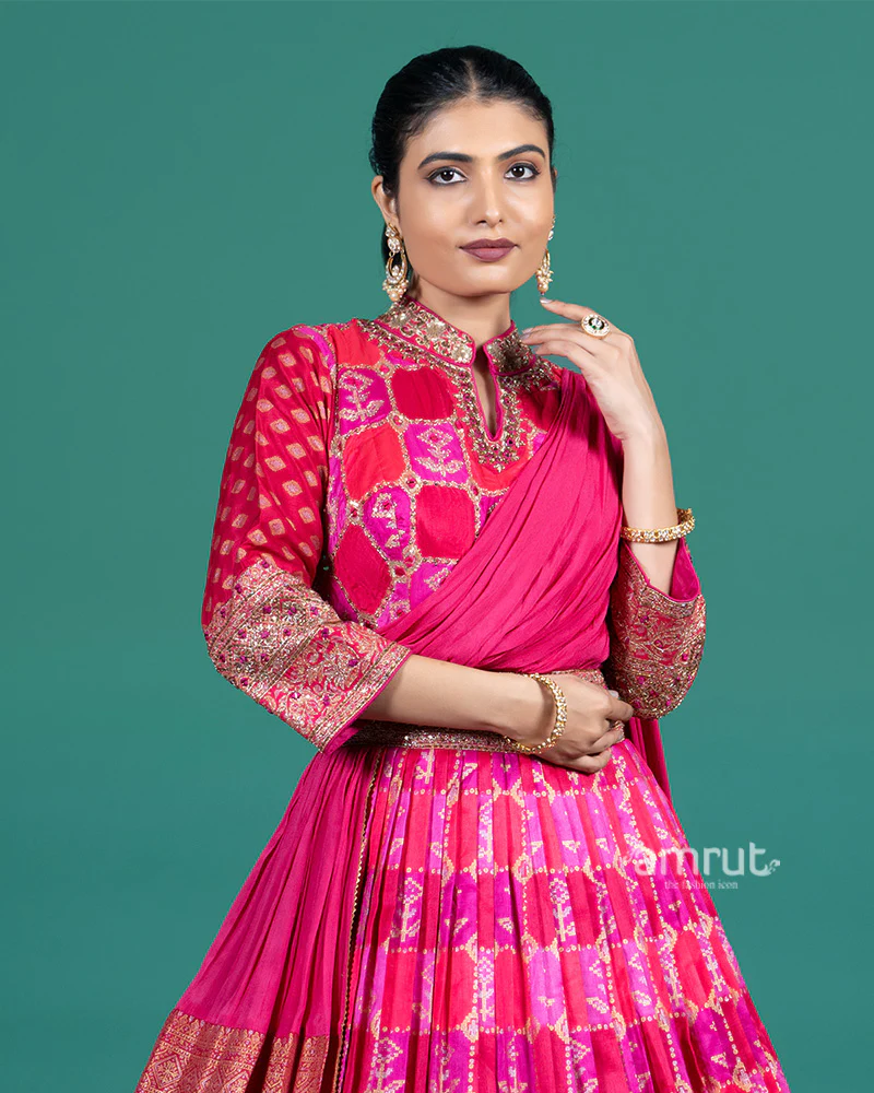 Magenta Pink Printed Gown with Draped Dupatta - Image 2