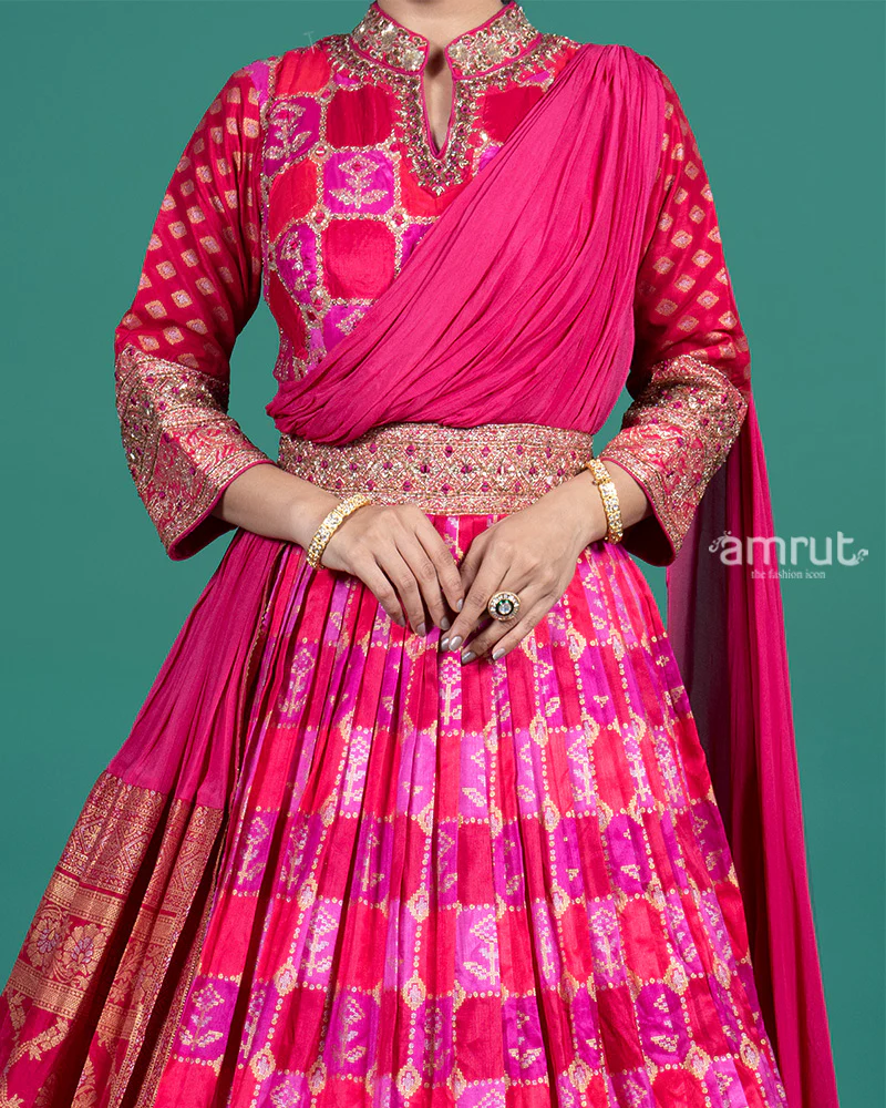 Magenta Pink Printed Gown with Draped Dupatta - Image 3