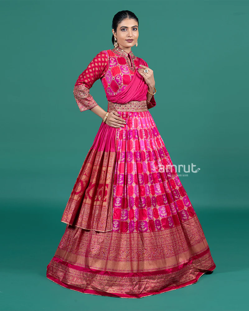 Magenta Pink Printed Gown with Draped Dupatta - Image 4