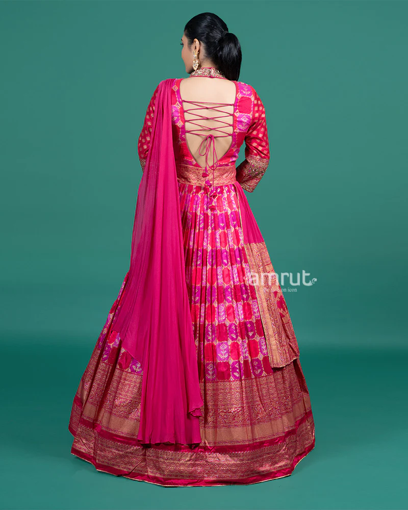 Magenta Pink Printed Gown with Draped Dupatta - Image 5