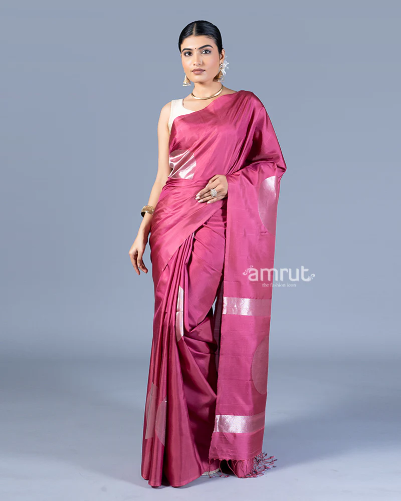 Magenta-Pink with Silver Zari Embellished Silk Saree with Unstitched Blouse - Image 4