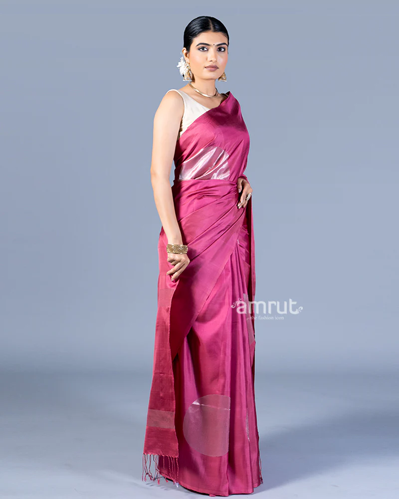 Magenta-Pink with Silver Zari Embellished Silk Saree with Unstitched Blouse - Image 5