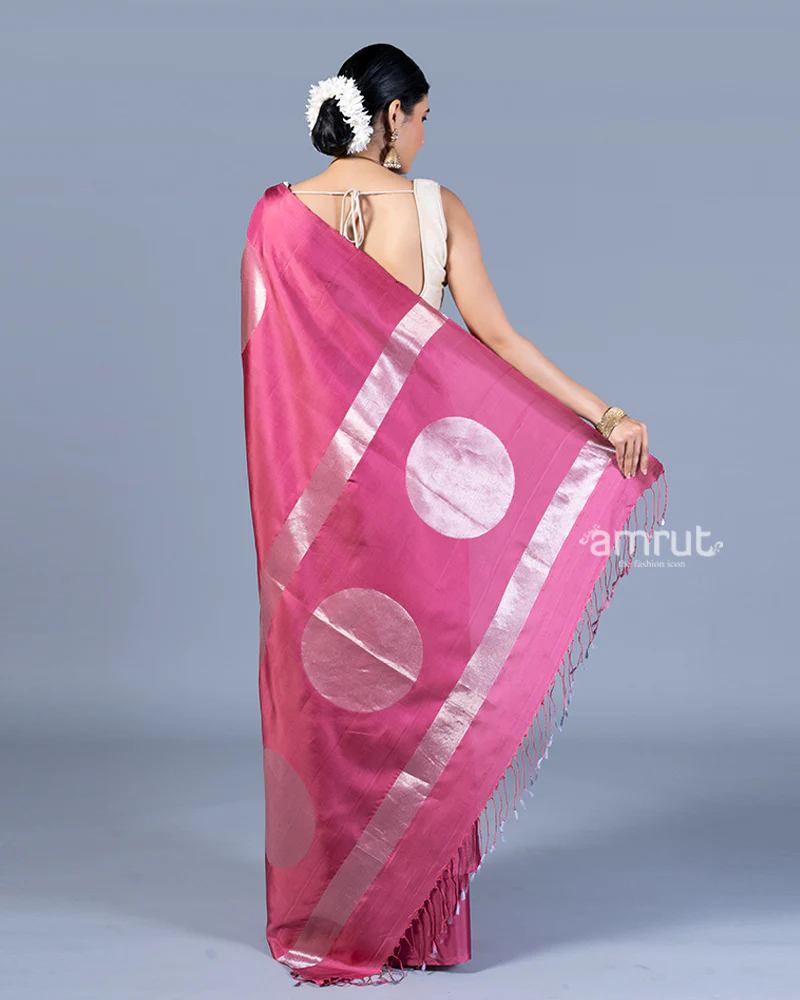 Magenta-Pink with Silver Zari Embellished Silk Saree with Unstitched Blouse - Image 6