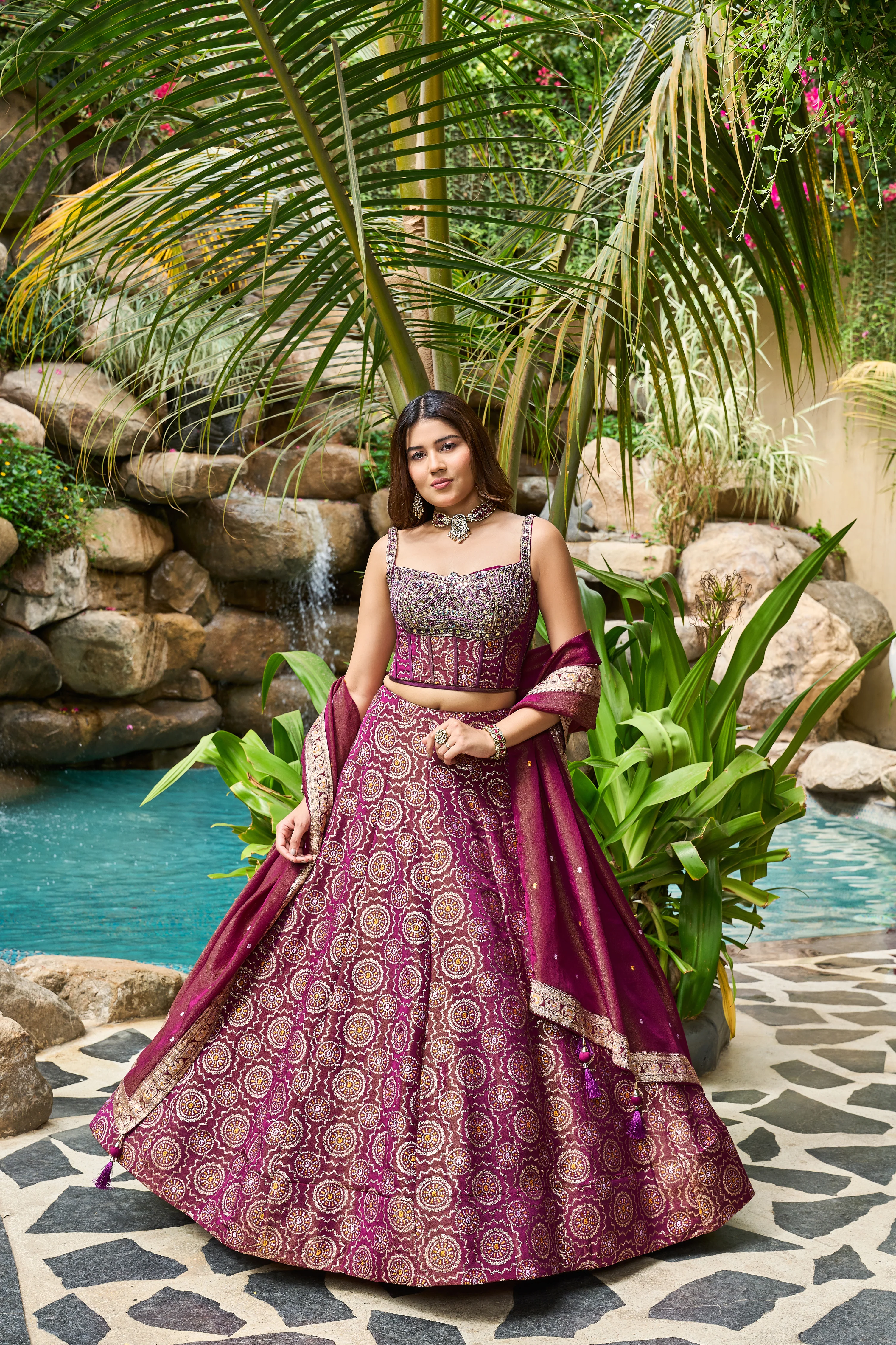 Magenta Purple Designer Lehenga Set with Mirror Embellished Blouse & Printed Skirt - Image 3
