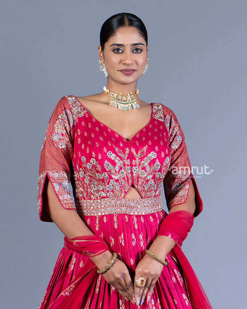 Magenta Red Pleated Gown with Golden Embroidery and Dupatta - Image 2