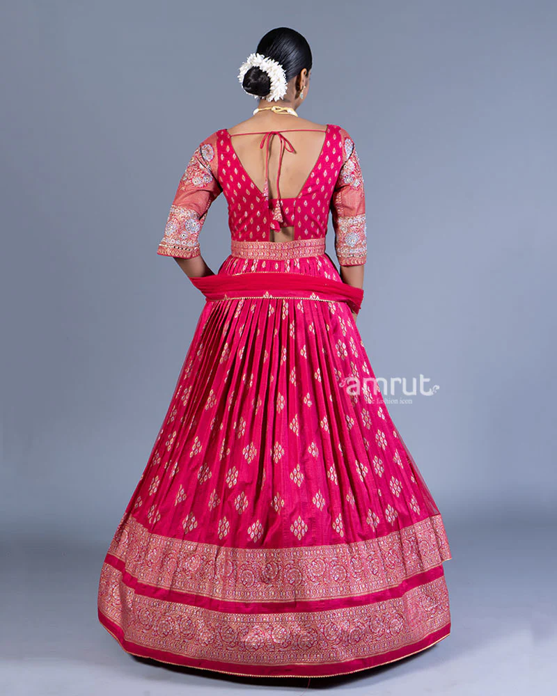 Magenta Red Pleated Gown with Golden Embroidery and Dupatta - Image 3