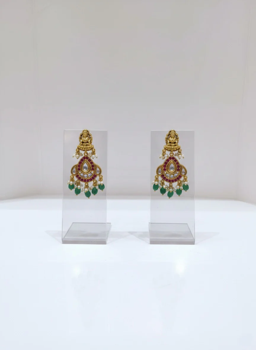 Majestic Gold & Green Kundan Necklace Set with Traditional Motif - Image 2